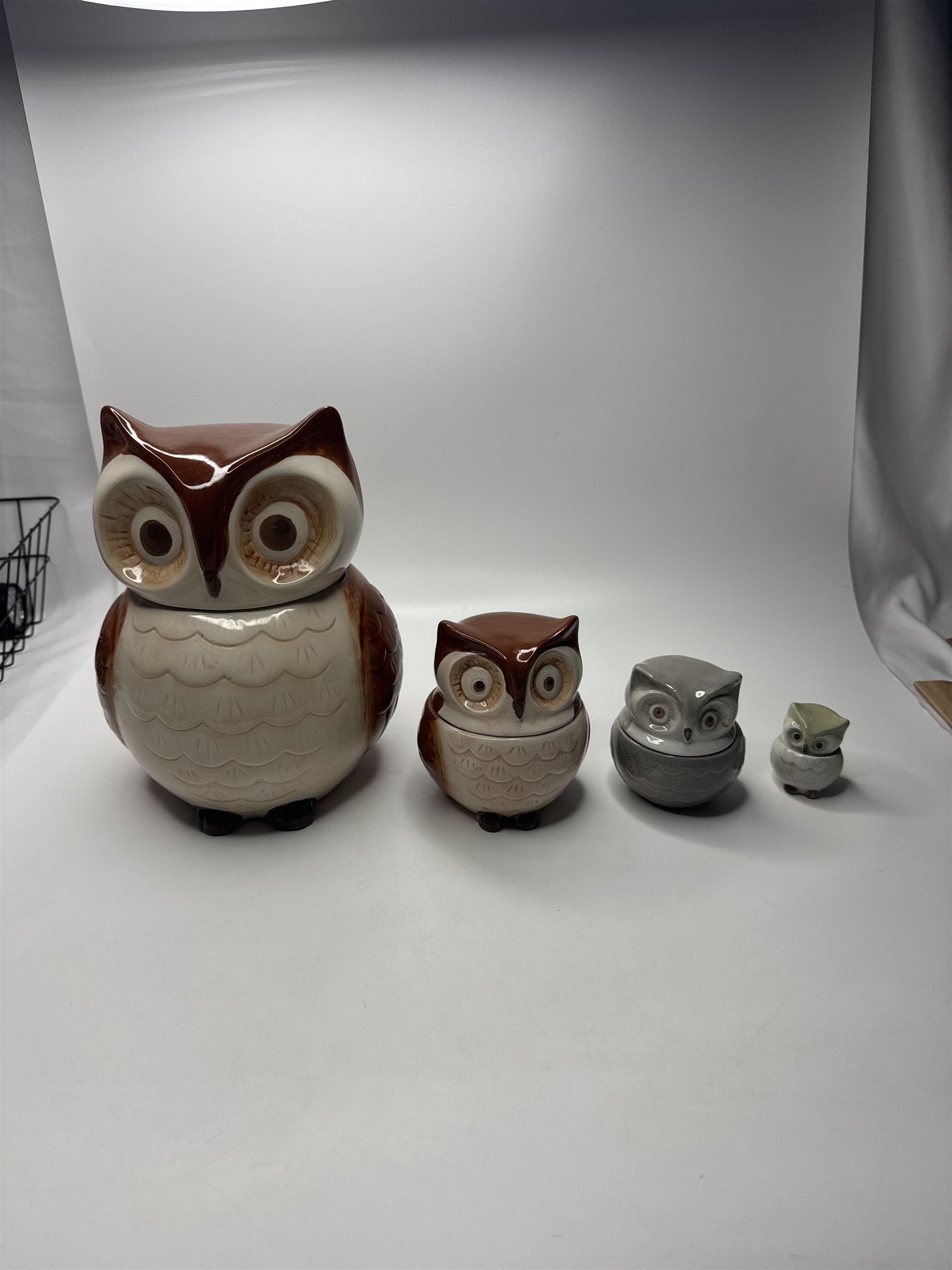 Vintage Set of Ceramic Owl Measuring Cups and Cookie Jar (Some Chips/Crazing)
