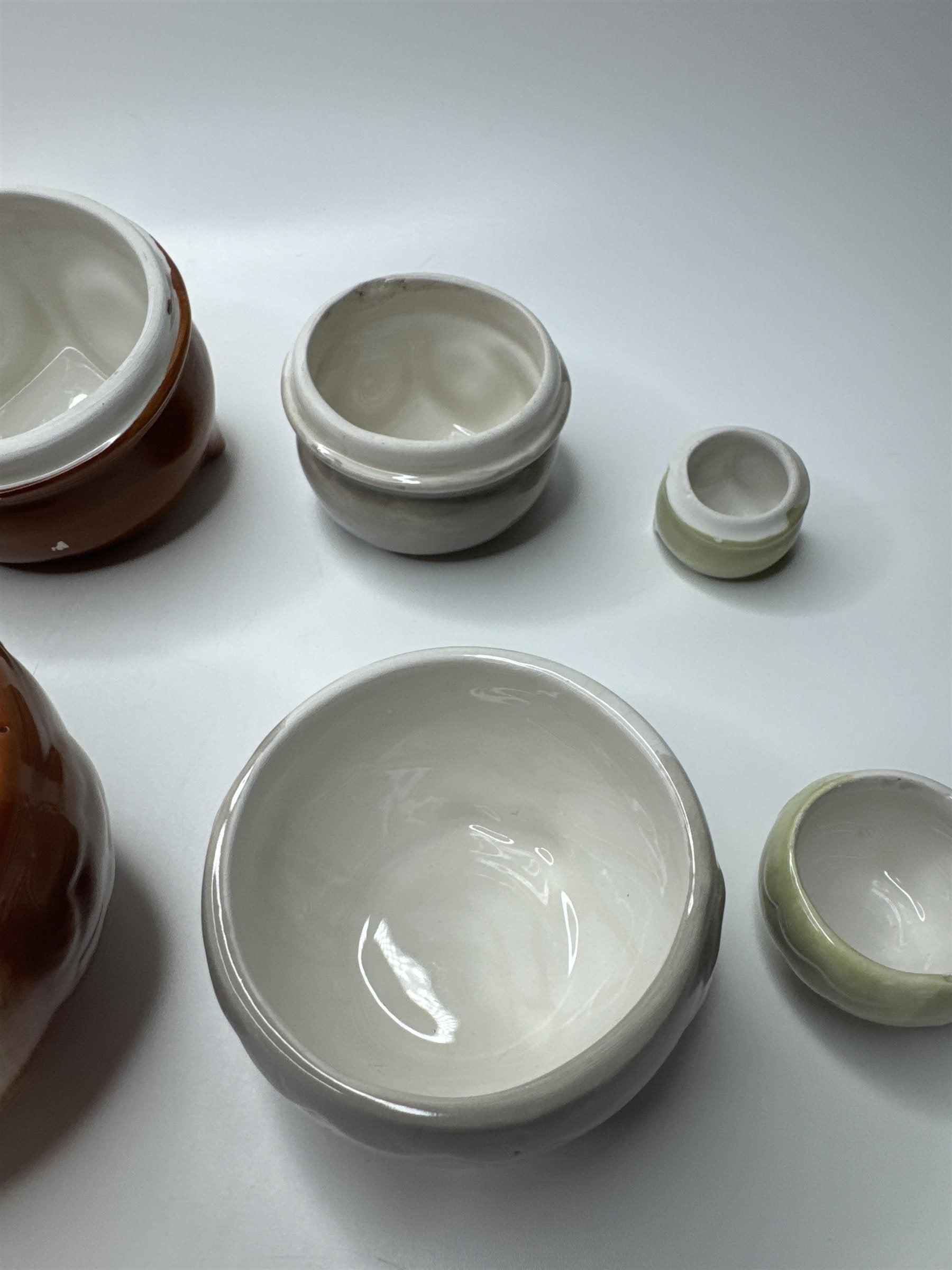Vintage Set of Ceramic Owl Measuring Cups and Cookie Jar (Some Chips/Crazing)