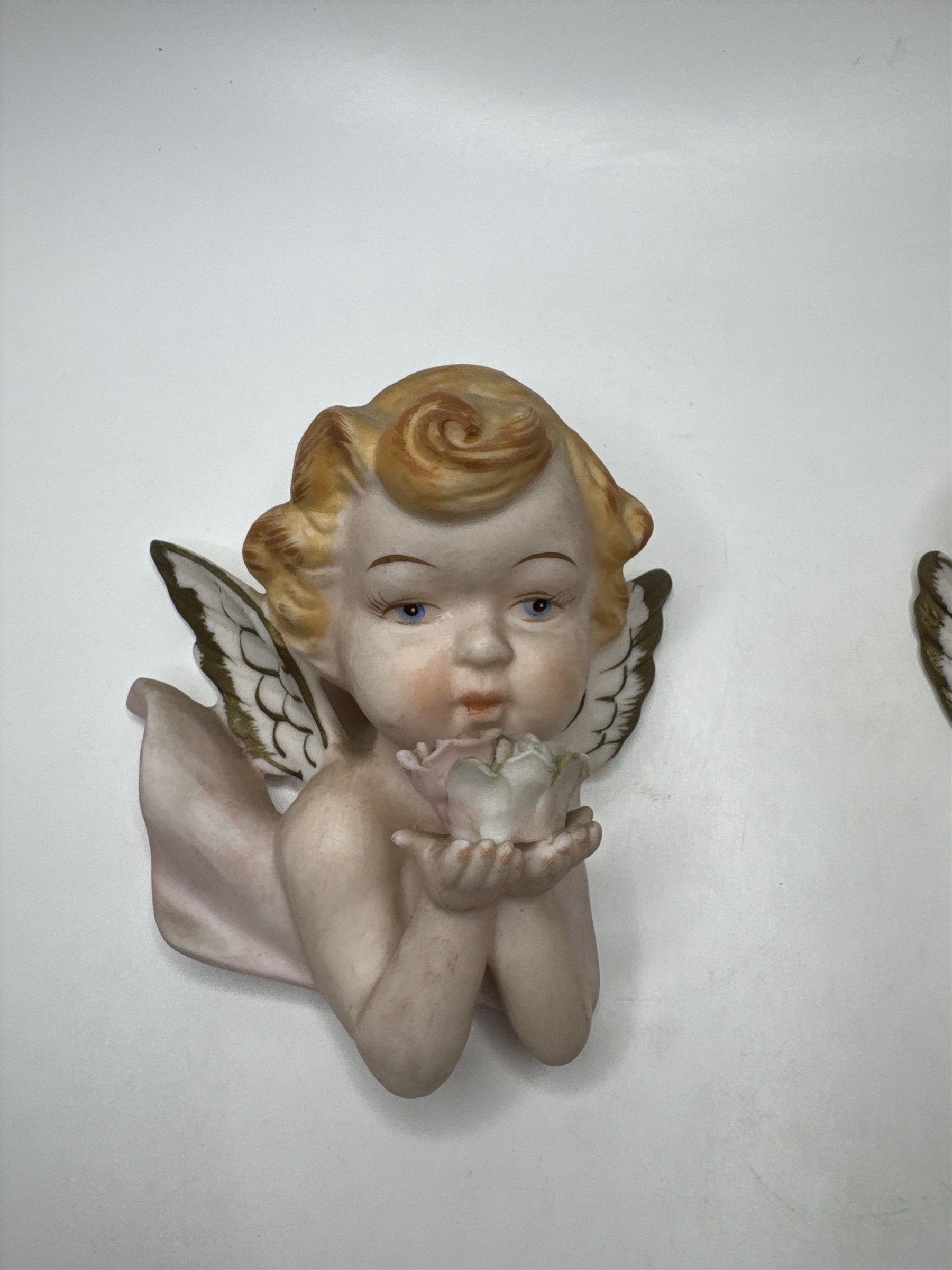 Set of 2 Tilso Japan Porcelain Hanging Angels Flowers Floral Angels