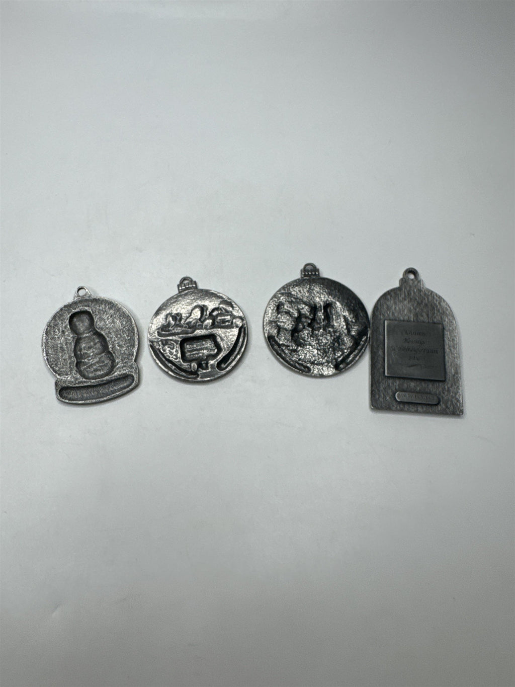 Lot of 4 Vintage Collectible Seasons Greetings Christmas Pewter Metal Ornaments