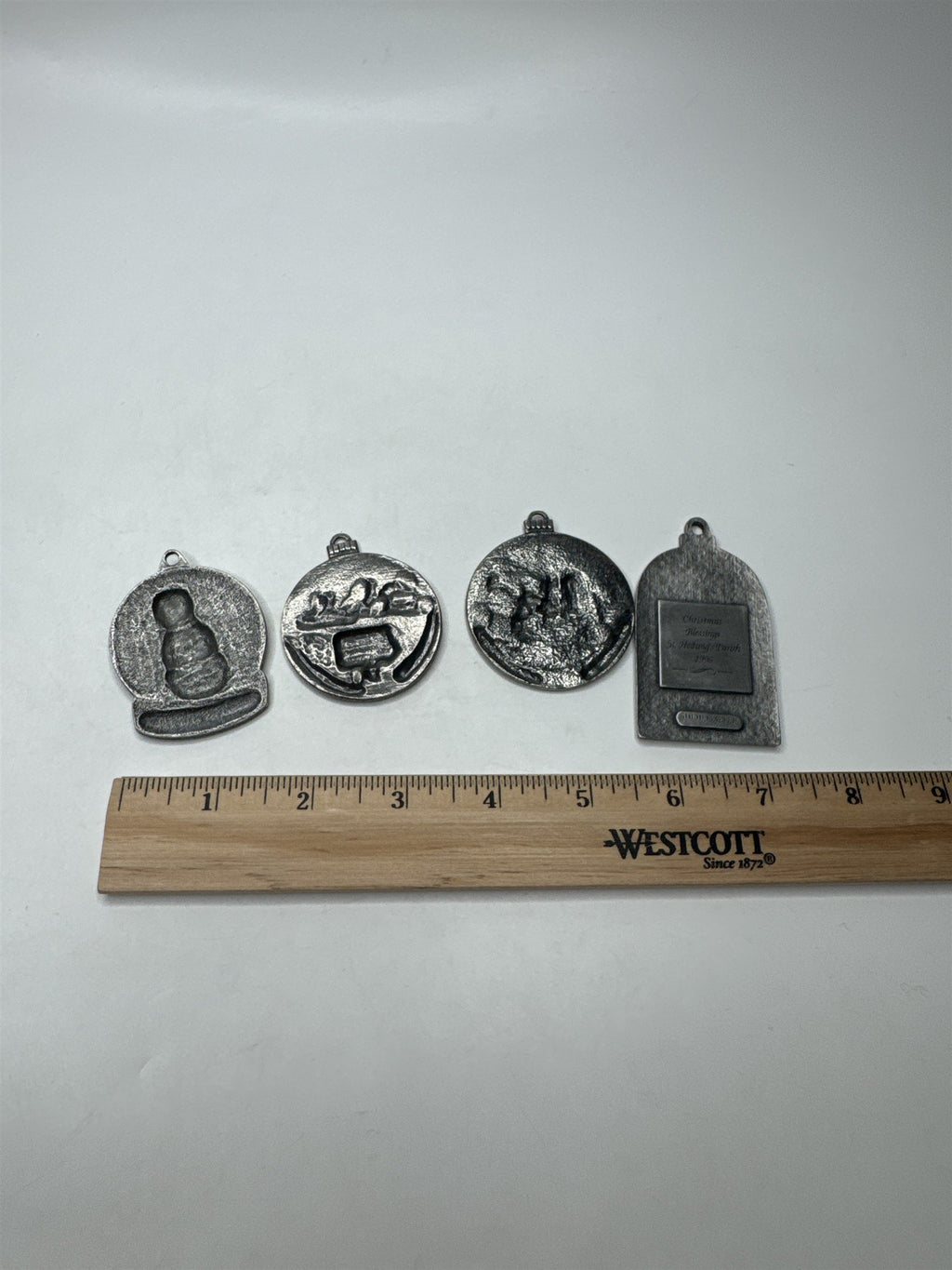 Lot of 4 Vintage Collectible Seasons Greetings Christmas Pewter Metal Ornaments