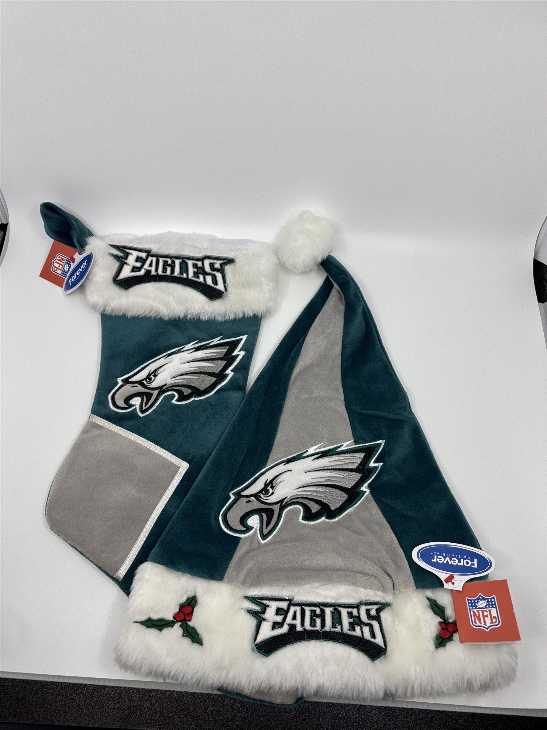 Philadelphia Eagles NFL Green And Grey Plush Christmas Stocking And Hat Set