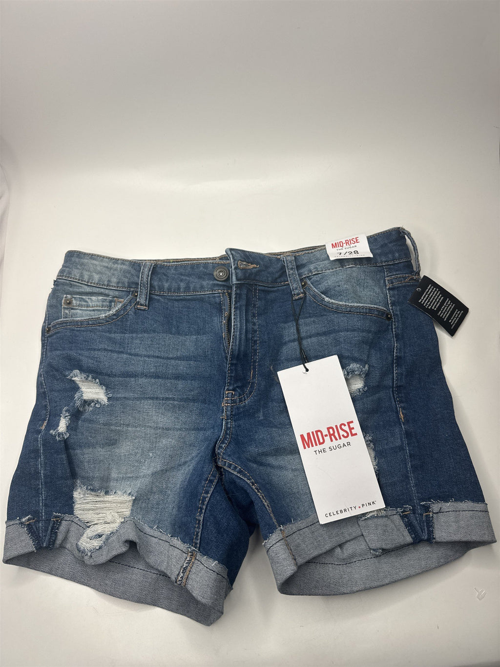 NWT Celebrity Pink Mid-Rise The Sugar 7/28 Jean Shorts Distressed Ripped