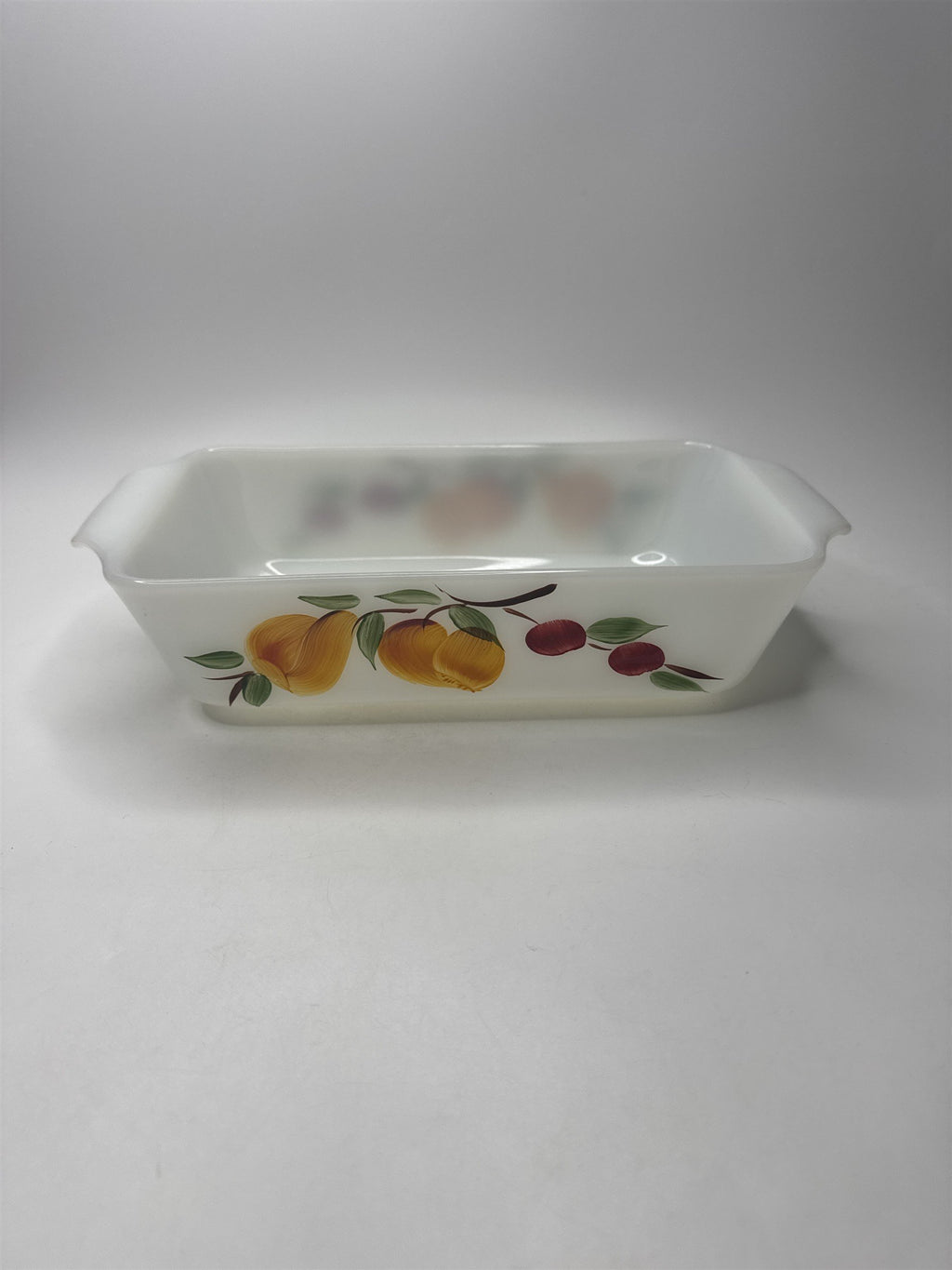 VTG Fire King 1 Qt Loaf Pan Baking Dish Painted Peaches & Apples
