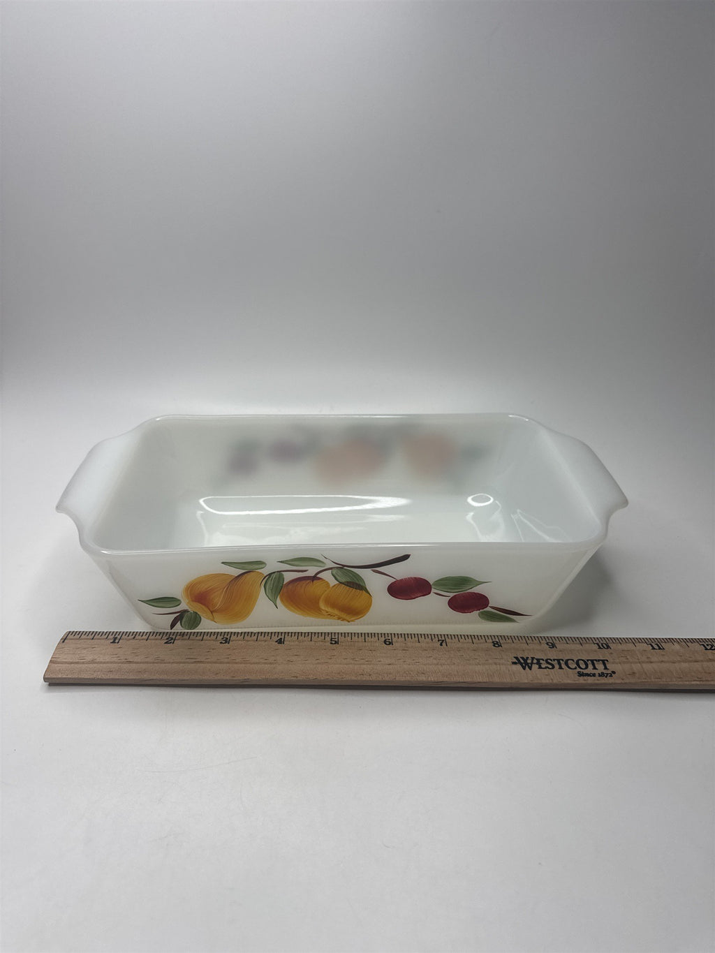 VTG Fire King 1 Qt Loaf Pan Baking Dish Painted Peaches & Apples
