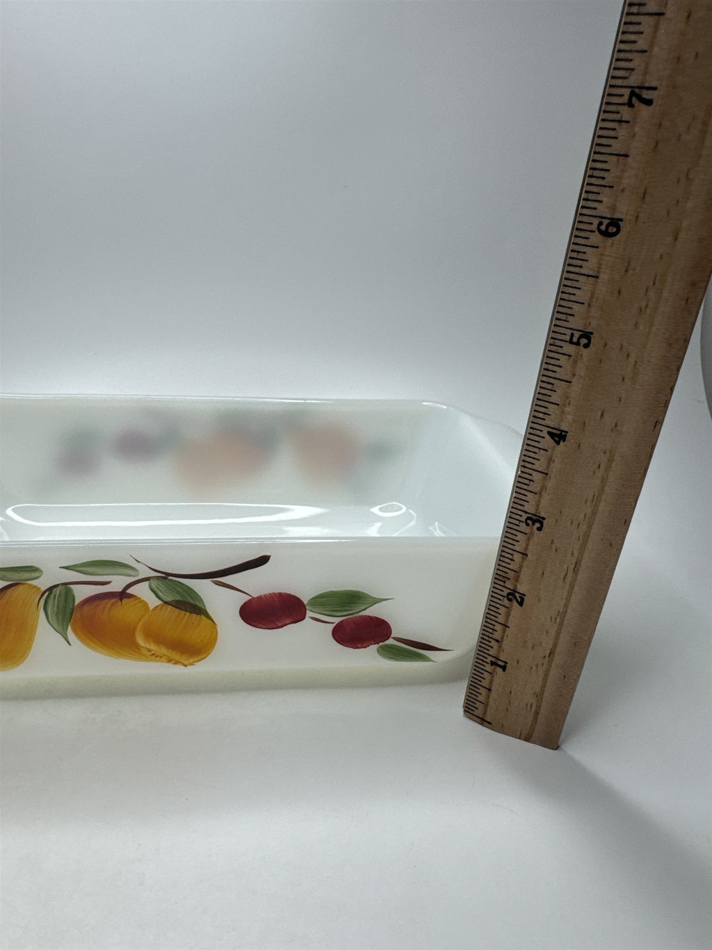 VTG Fire King 1 Qt Loaf Pan Baking Dish Painted Peaches & Apples