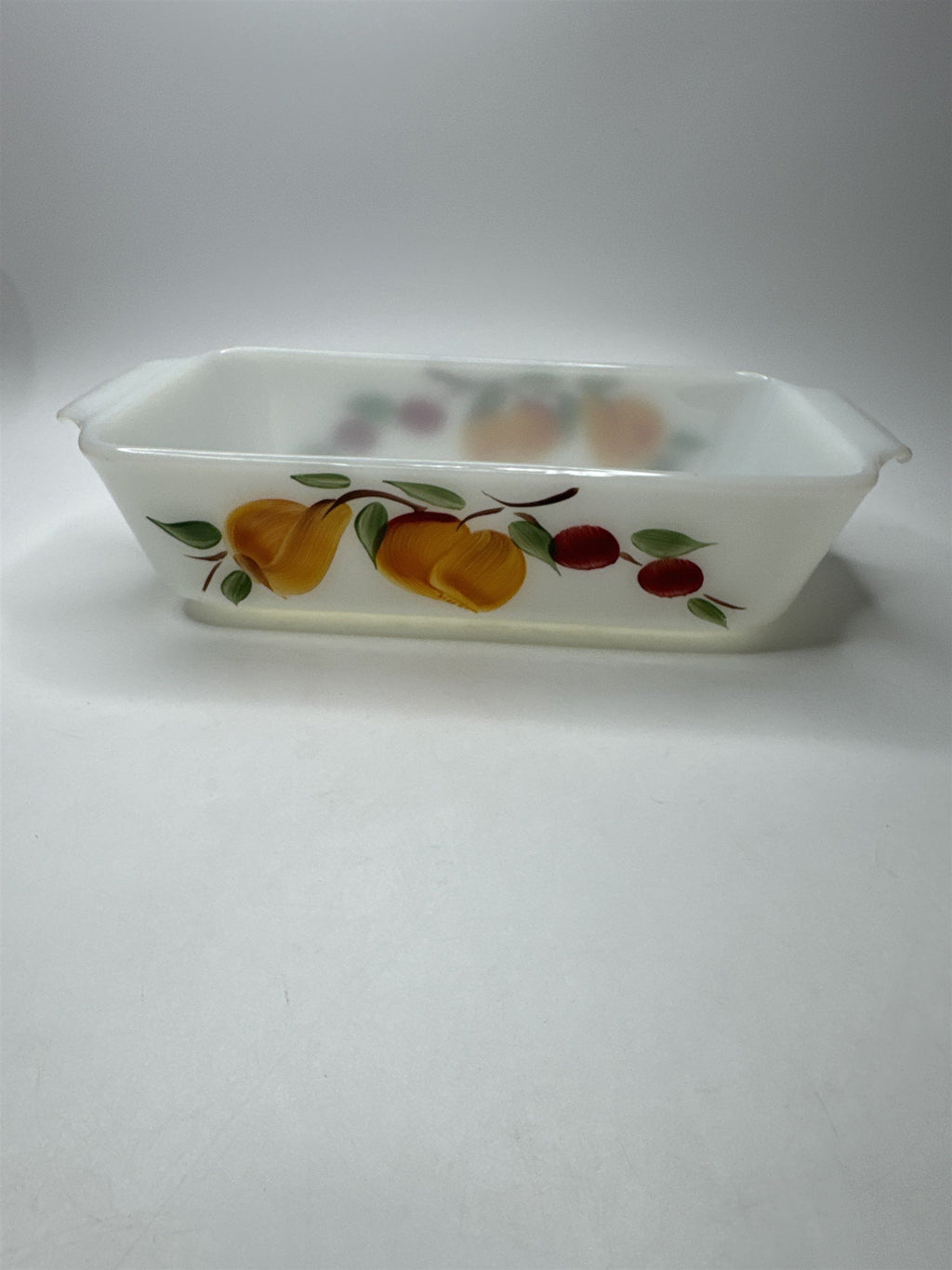 VTG Fire King 1 Qt Loaf Pan Baking Dish Painted Peaches & Apples