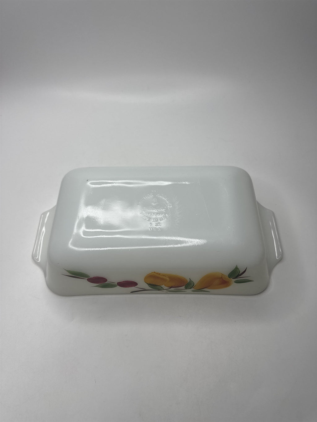 VTG Fire King 1 Qt Loaf Pan Baking Dish Painted Peaches & Apples