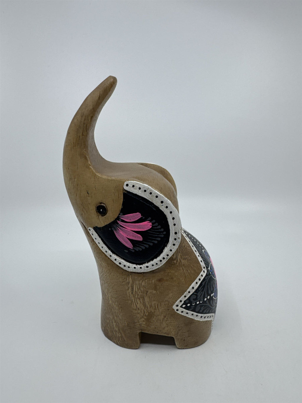 Thailand Wood Carved Hand Painted Elephant W/ Lotus Design Motif Figurine
