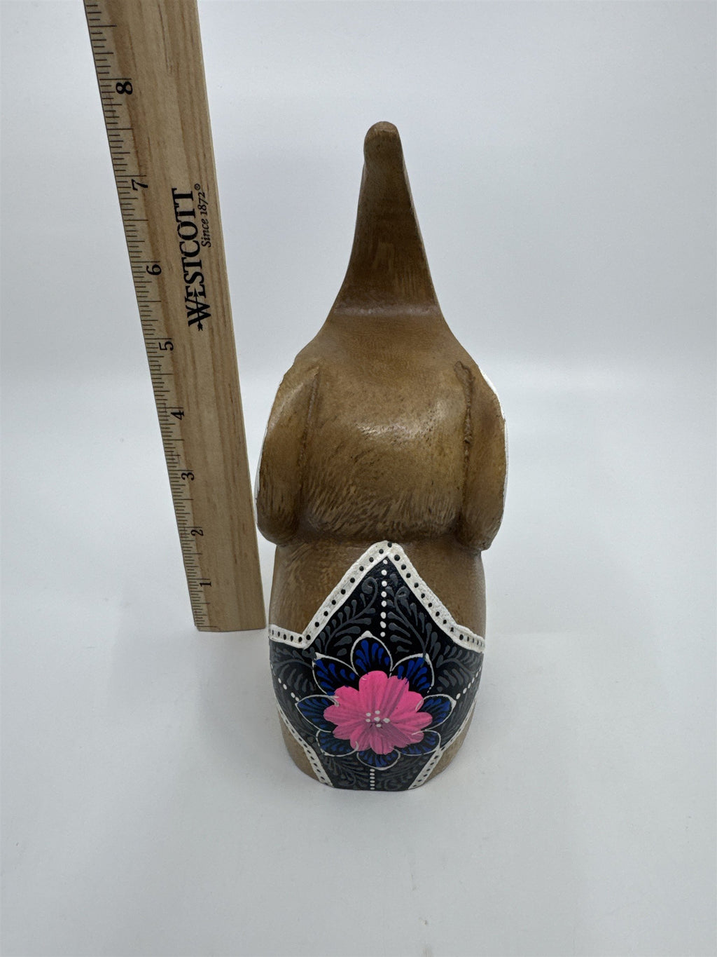 Thailand Wood Carved Hand Painted Elephant W/ Lotus Design Motif Figurine