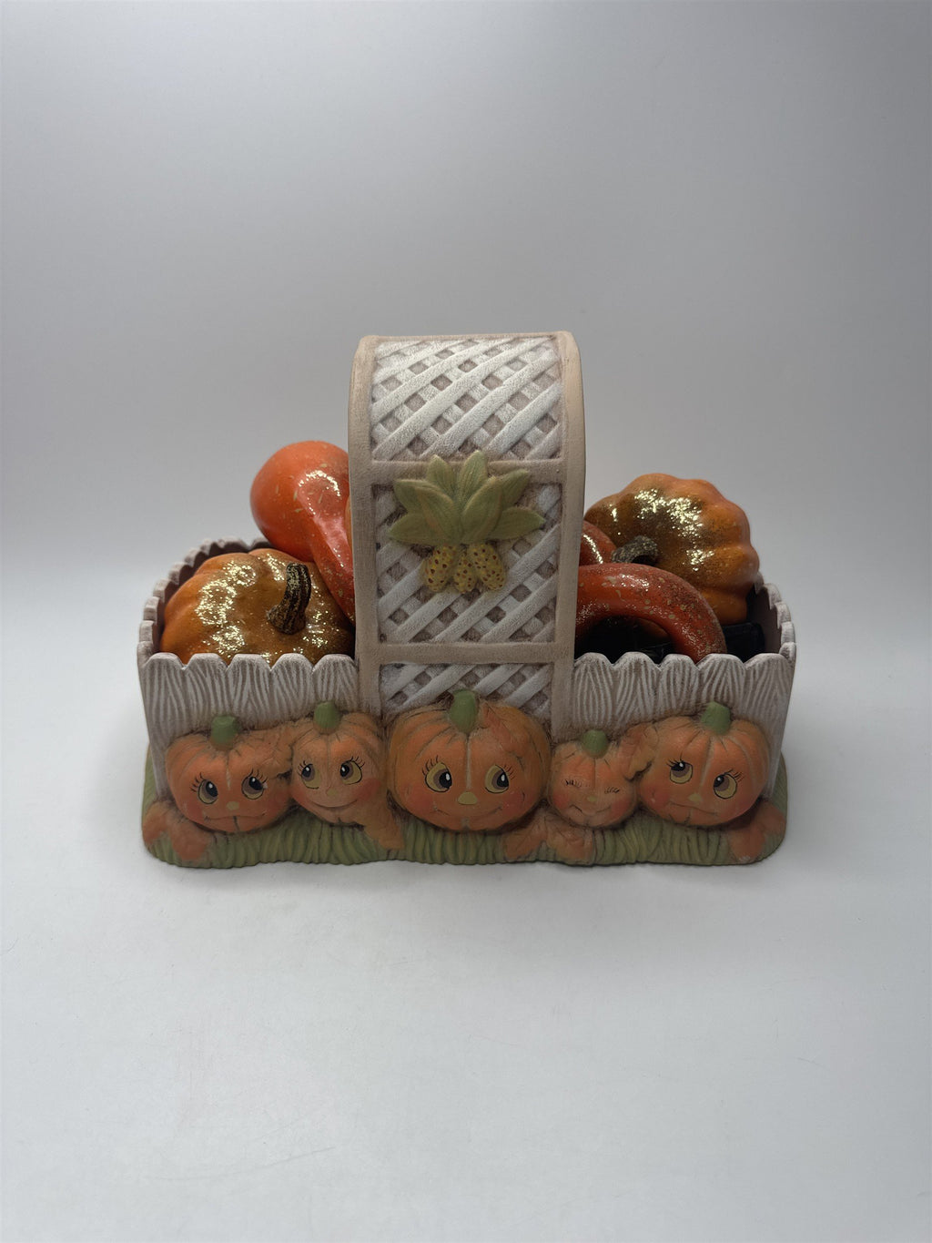 VTG Ceramic Pumpkin Basket Planter Candy Holder Halloween Fall Decor