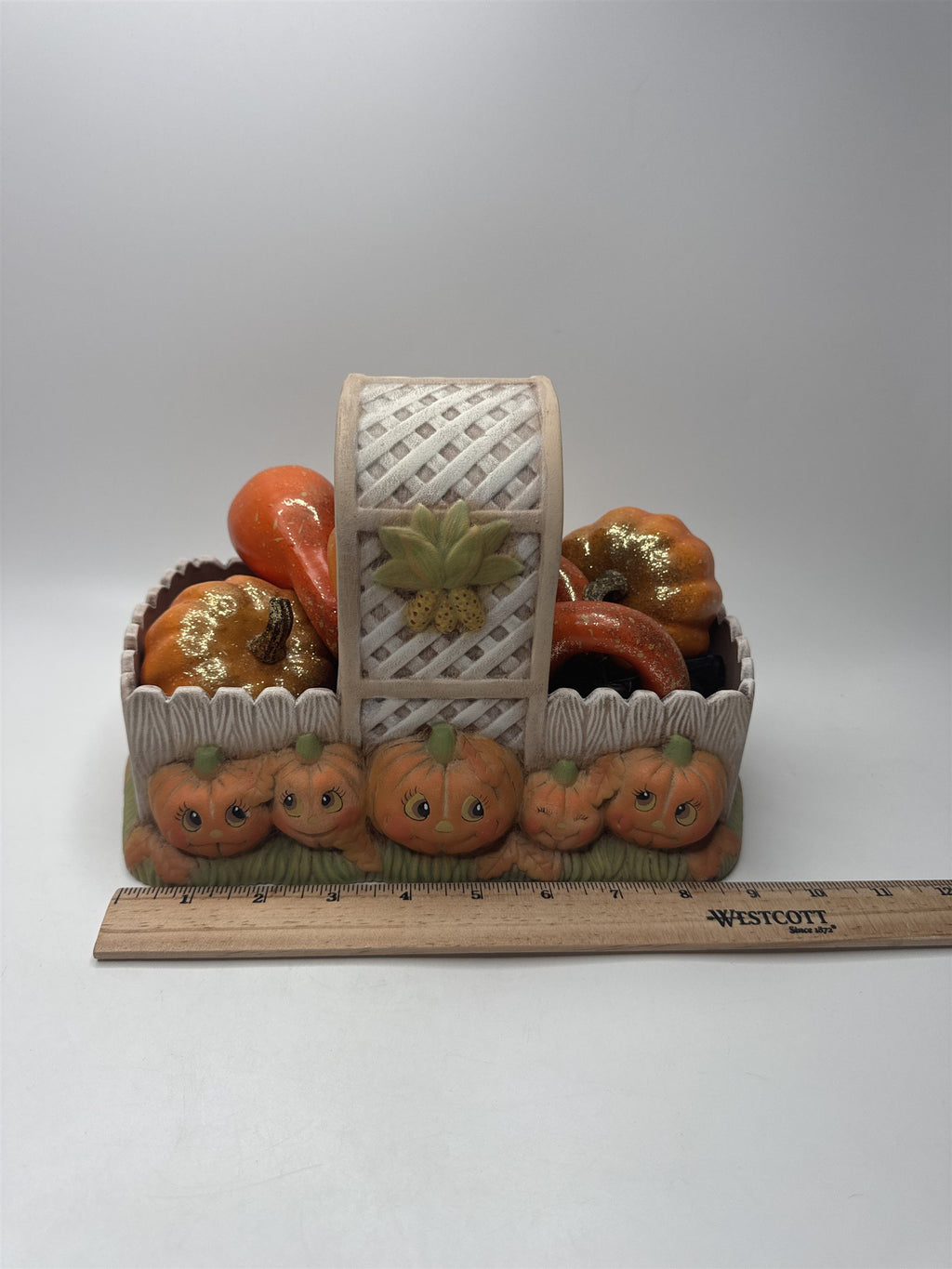VTG Ceramic Pumpkin Basket Planter Candy Holder Halloween Fall Decor