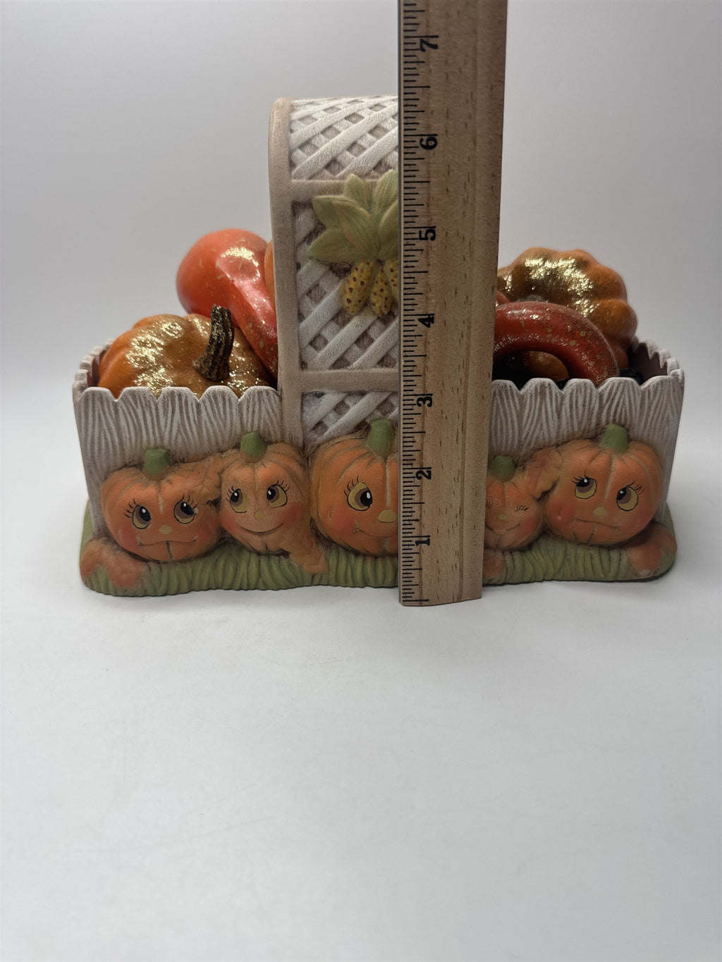VTG Ceramic Pumpkin Basket Planter Candy Holder Halloween Fall Decor