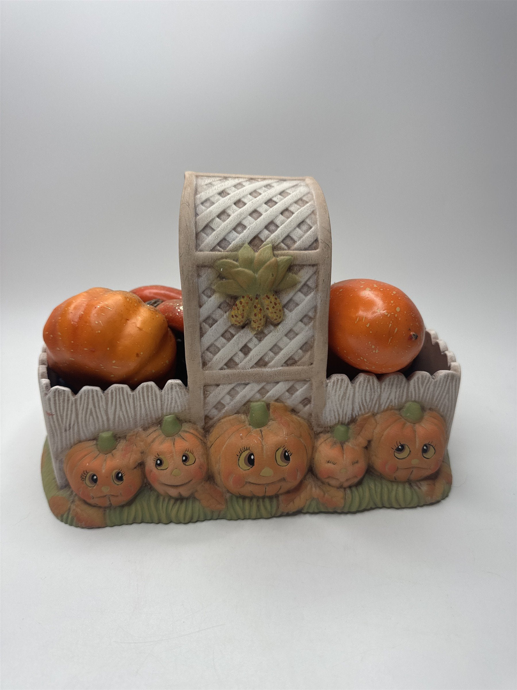 VTG Ceramic Pumpkin Basket Planter Candy Holder Halloween Fall Decor