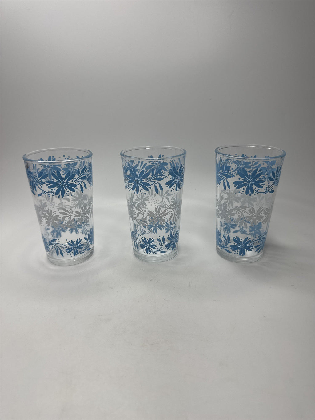 VTG Hazel Atlas Winter Floral Juice Glasses Blue White Set of 3