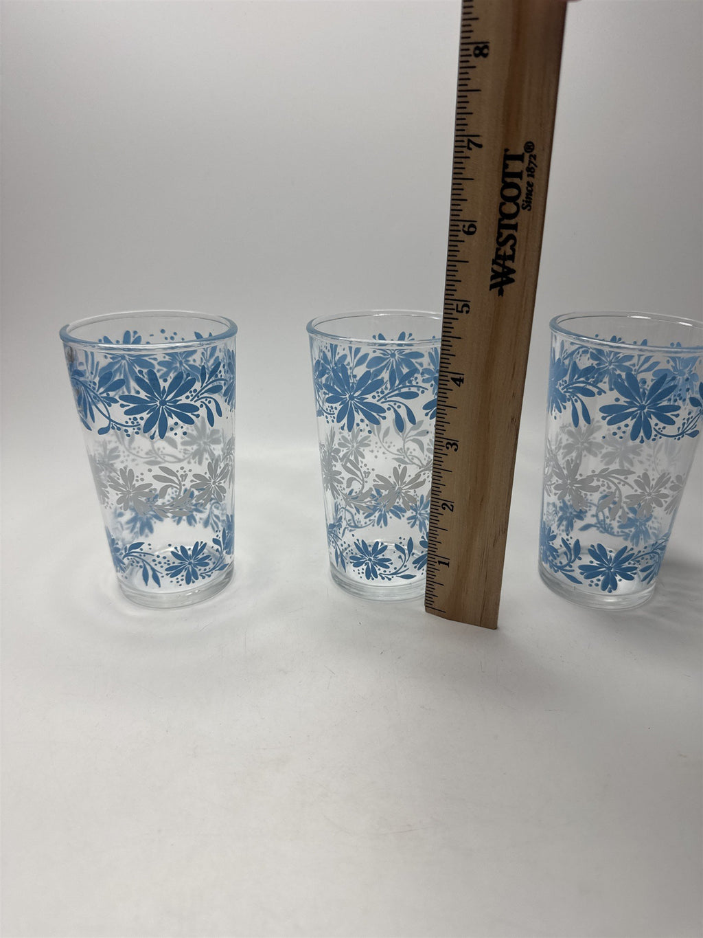 VTG Hazel Atlas Winter Floral Juice Glasses Blue White Set of 3