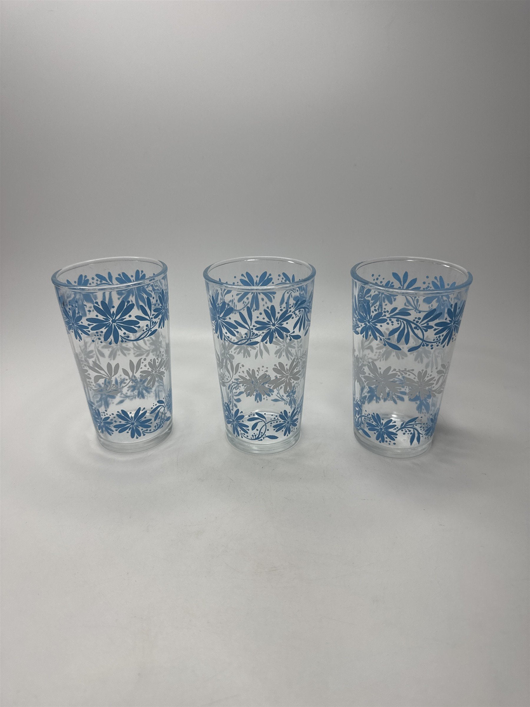 VTG Hazel Atlas Winter Floral Juice Glasses Blue White Set of 3