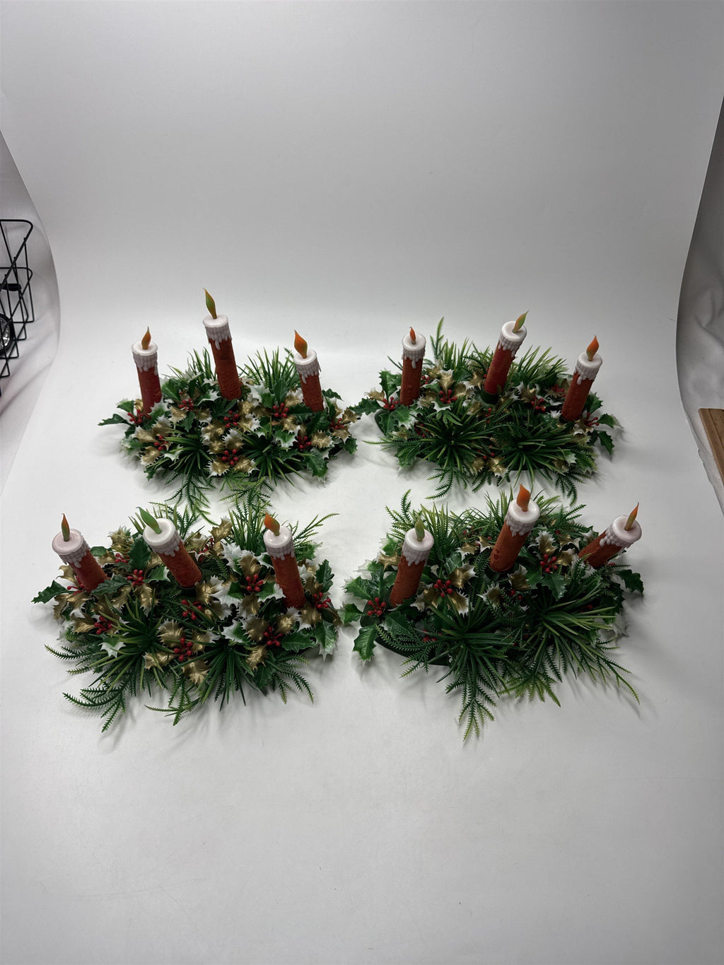 Set 4 VTG Plastic Christmas Window Sill Candle Flocked Display Holly Berries