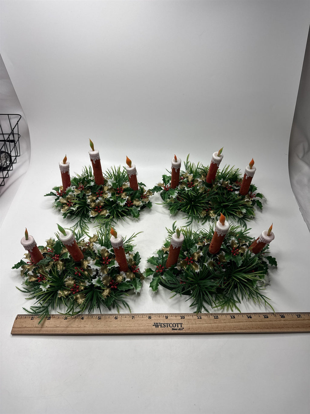 Set 4 VTG Plastic Christmas Window Sill Candle Flocked Display Holly Berries