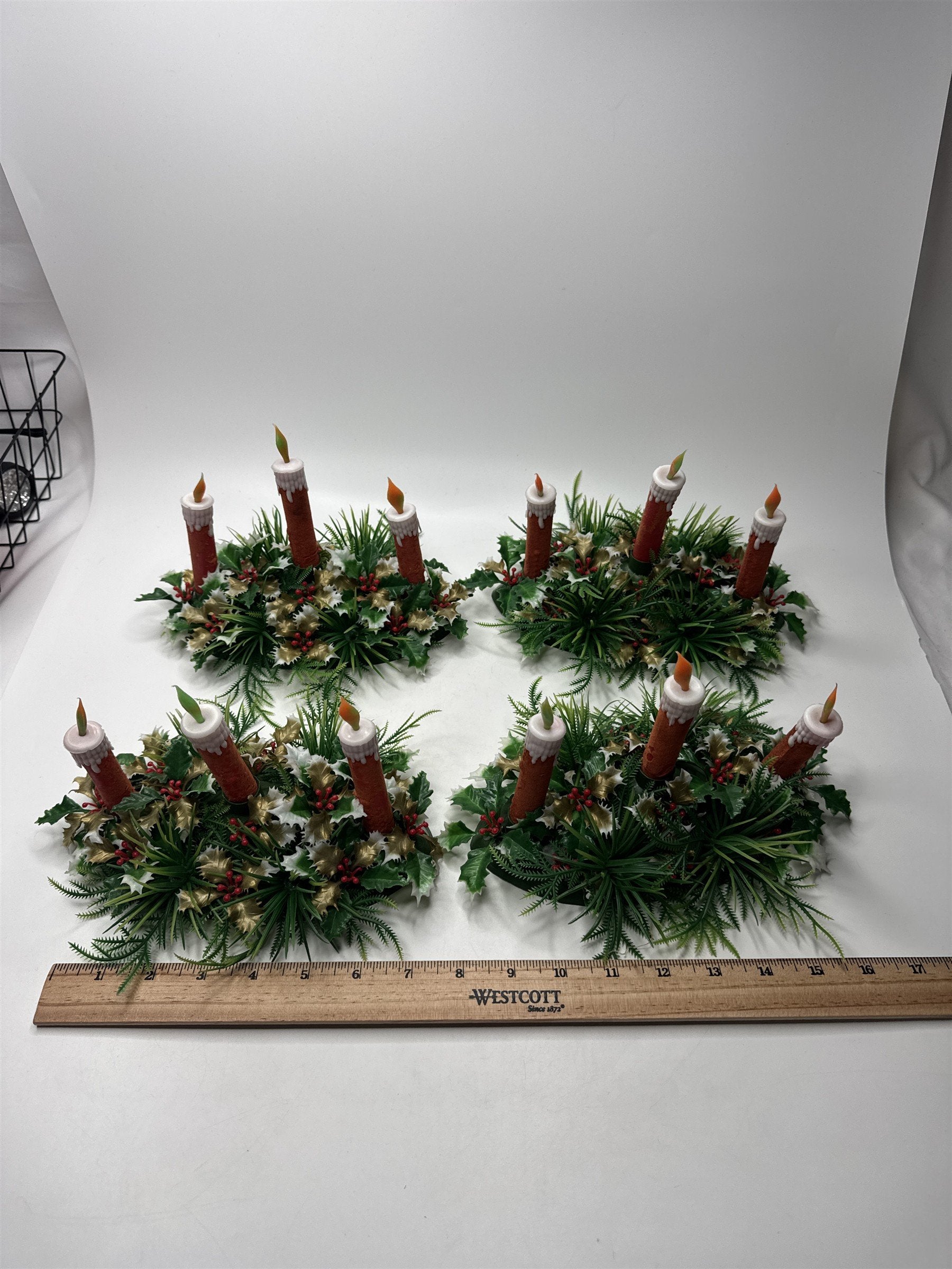 Set 4 VTG Plastic Christmas Window Sill Candle Flocked Display Holly Berries