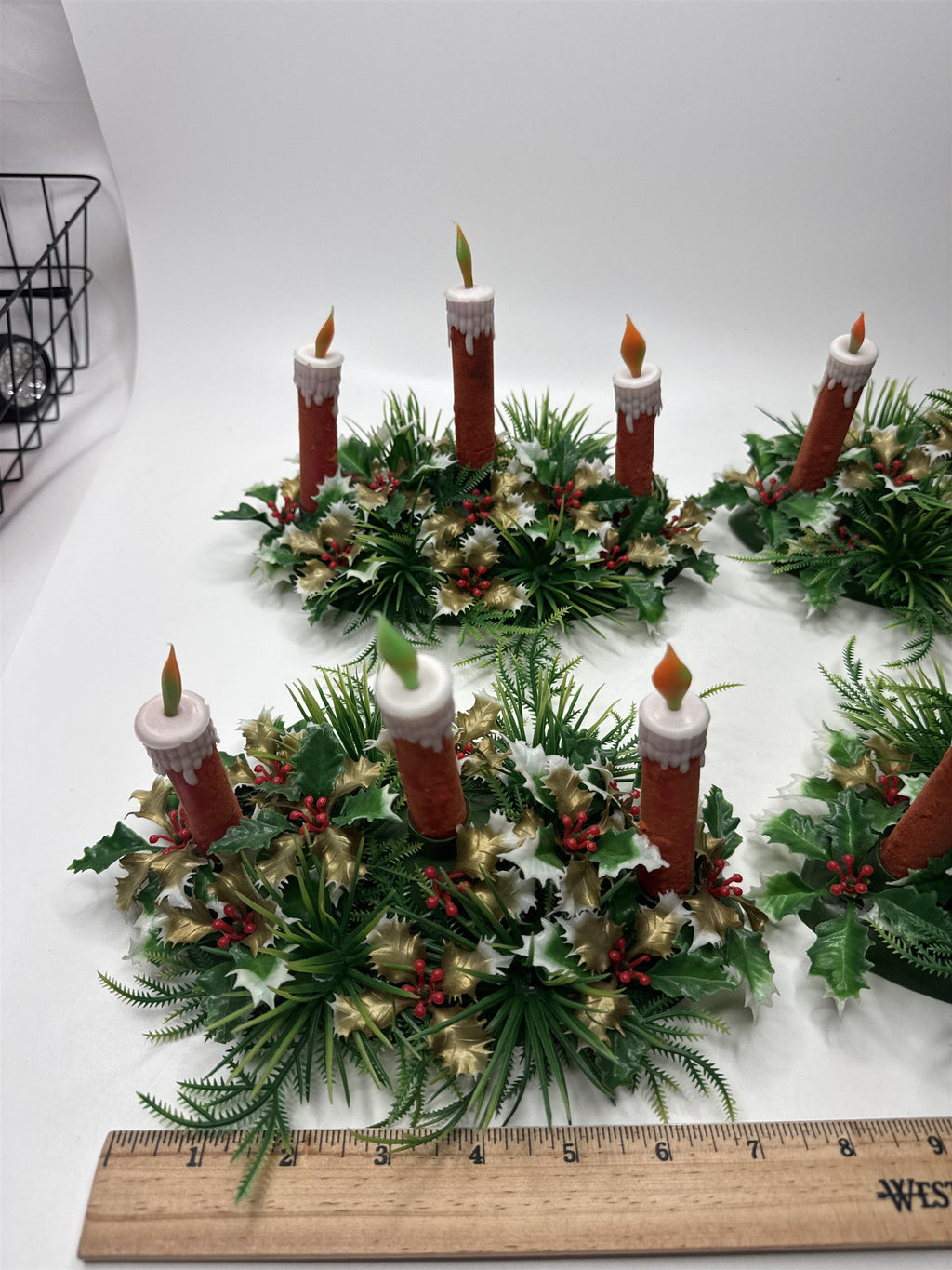 Set 4 VTG Plastic Christmas Window Sill Candle Flocked Display Holly Berries