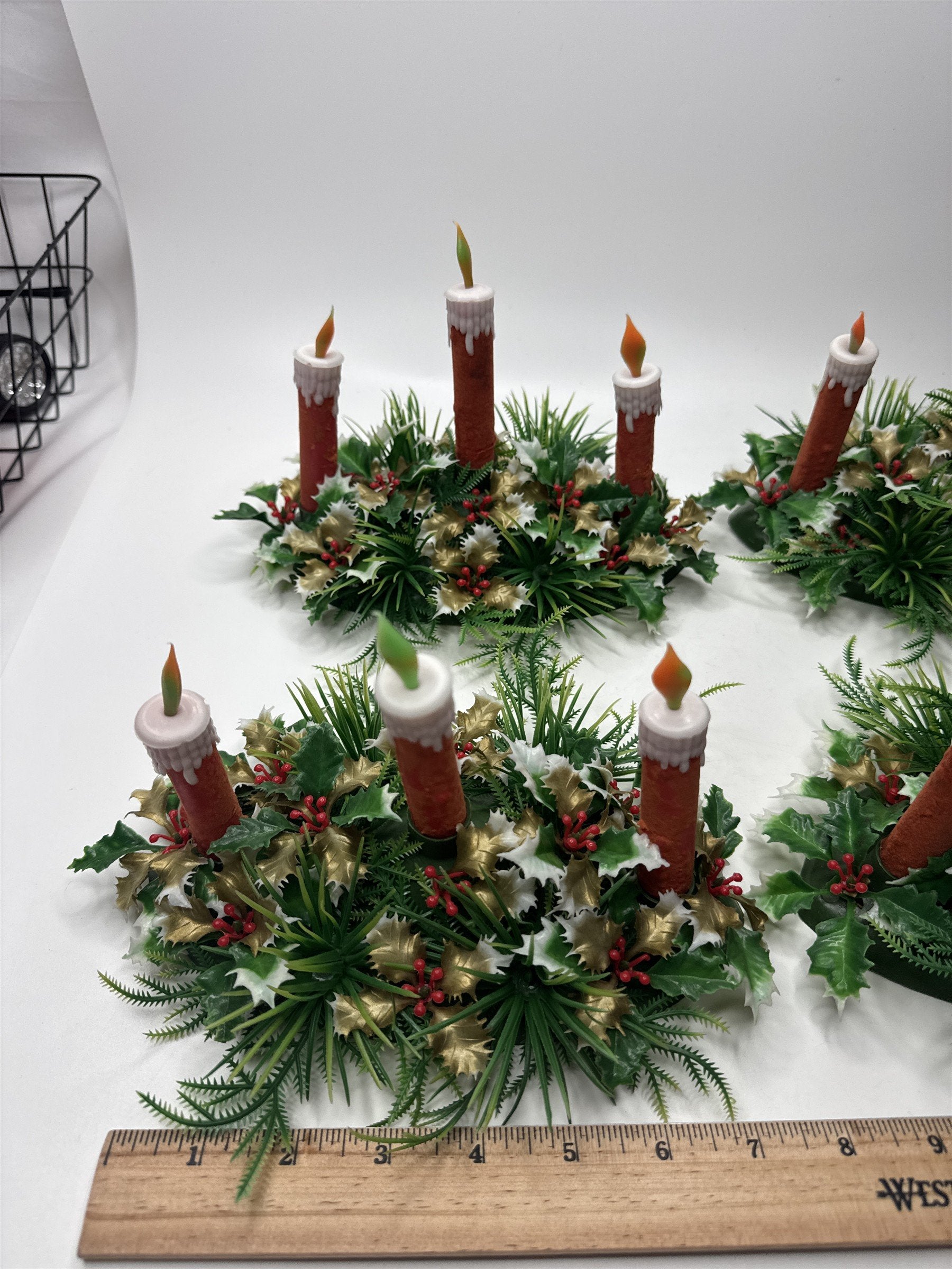 Set 4 VTG Plastic Christmas Window Sill Candle Flocked Display Holly Berries