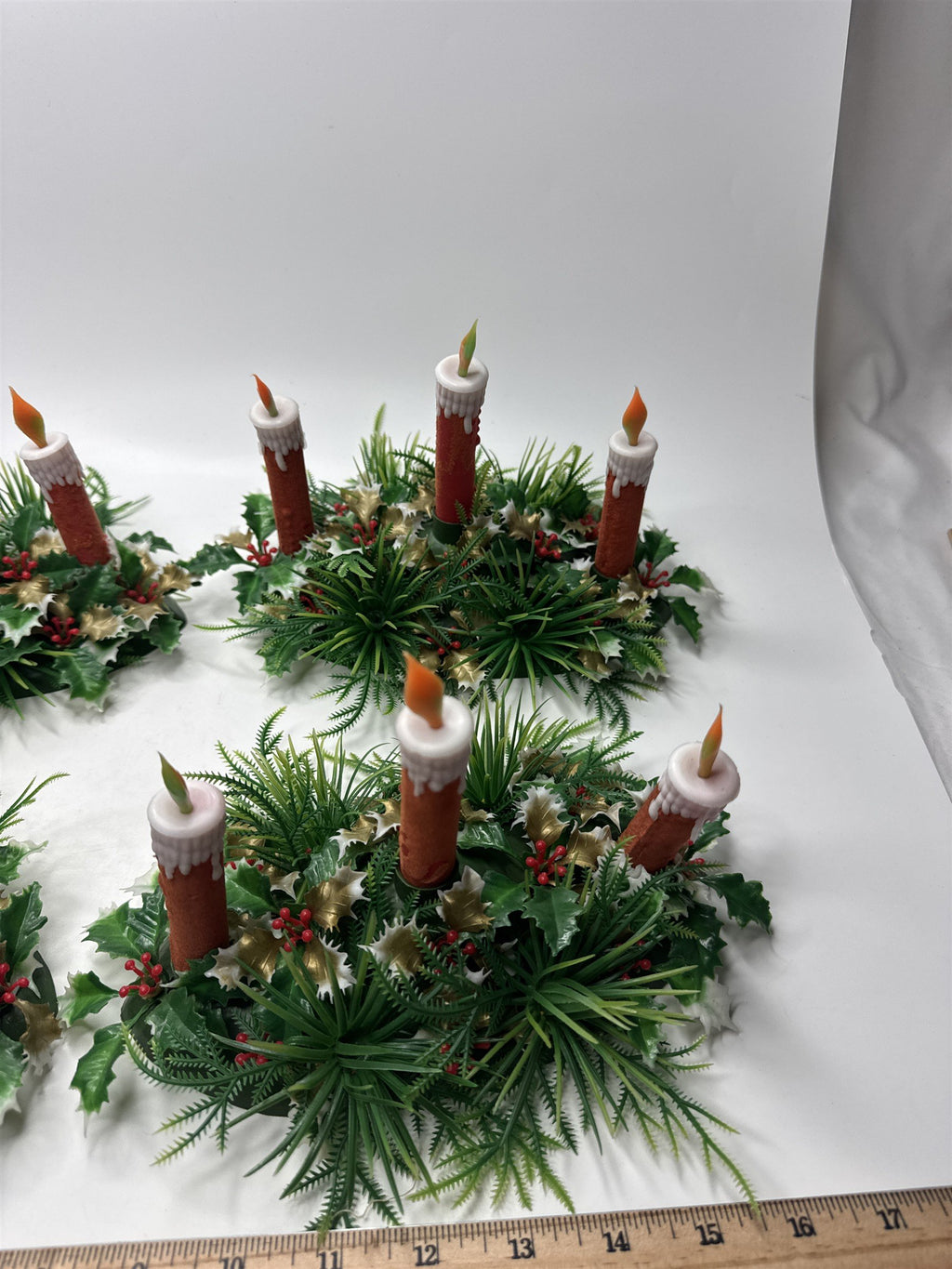 Set 4 VTG Plastic Christmas Window Sill Candle Flocked Display Holly Berries