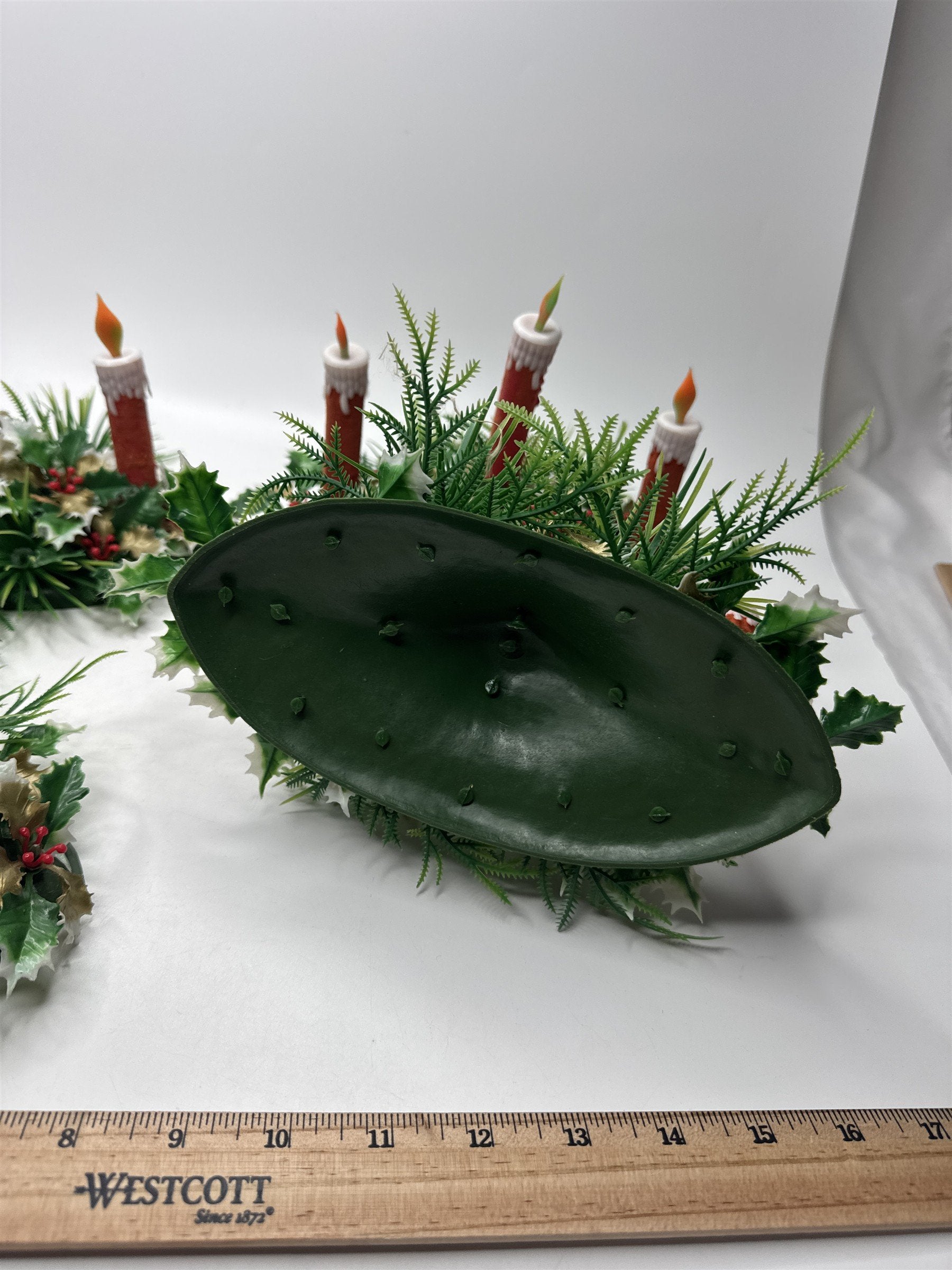 Set 4 VTG Plastic Christmas Window Sill Candle Flocked Display Holly Berries