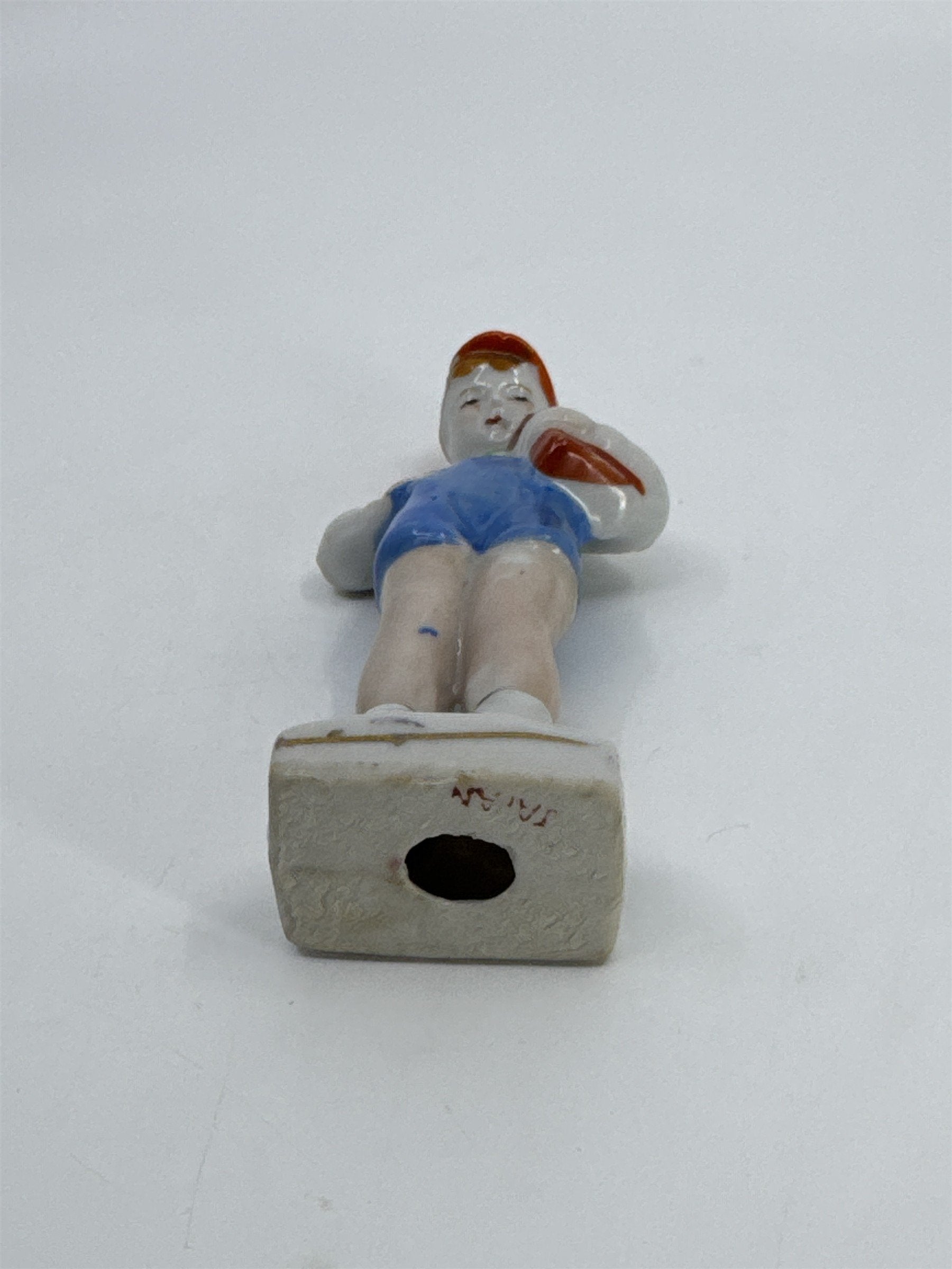 Vintage Porcelain Figurine Small Boy W/ Blue Trousers And A Brown Book Japan