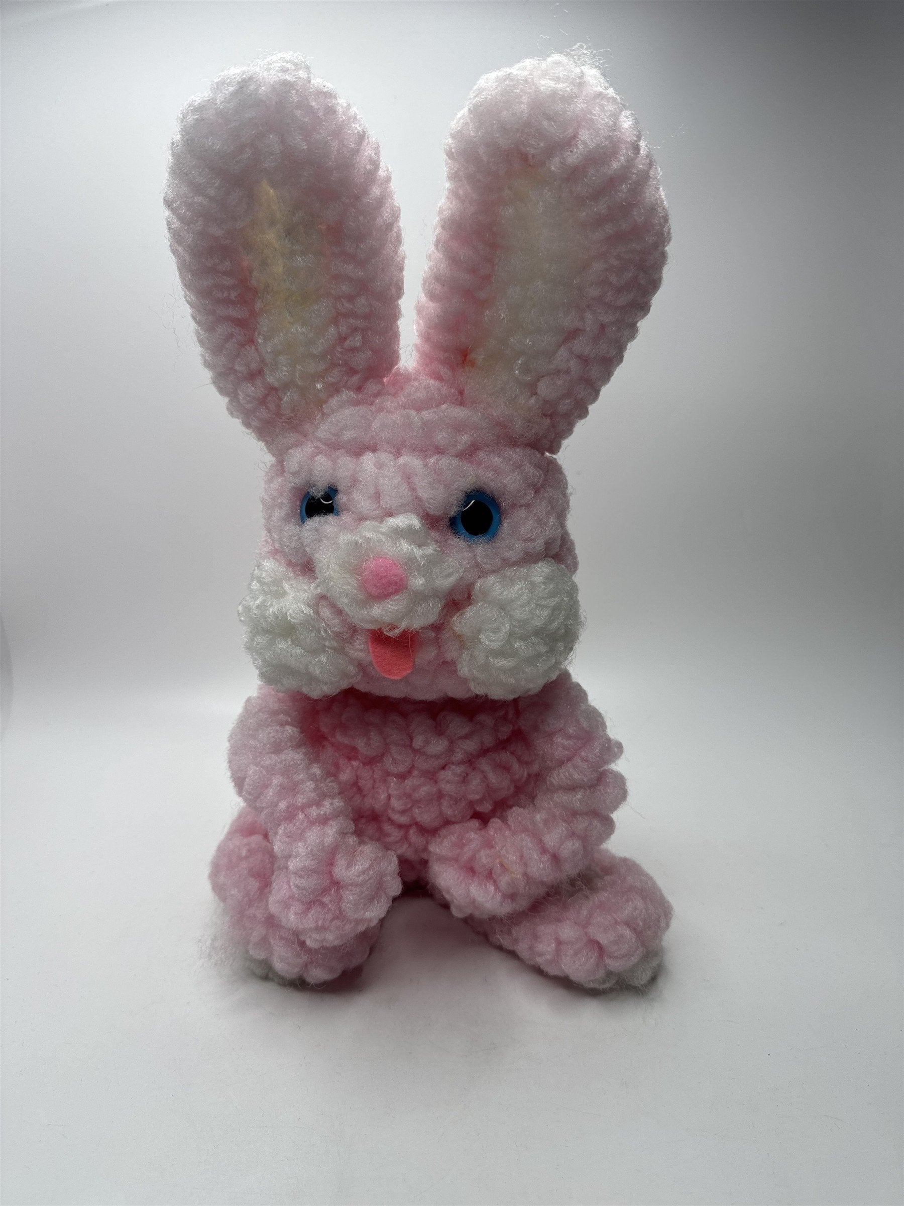 Vintage 13" Tall Hand Crocheted Pink Easter Bunny Blue Eyes Tongue Out