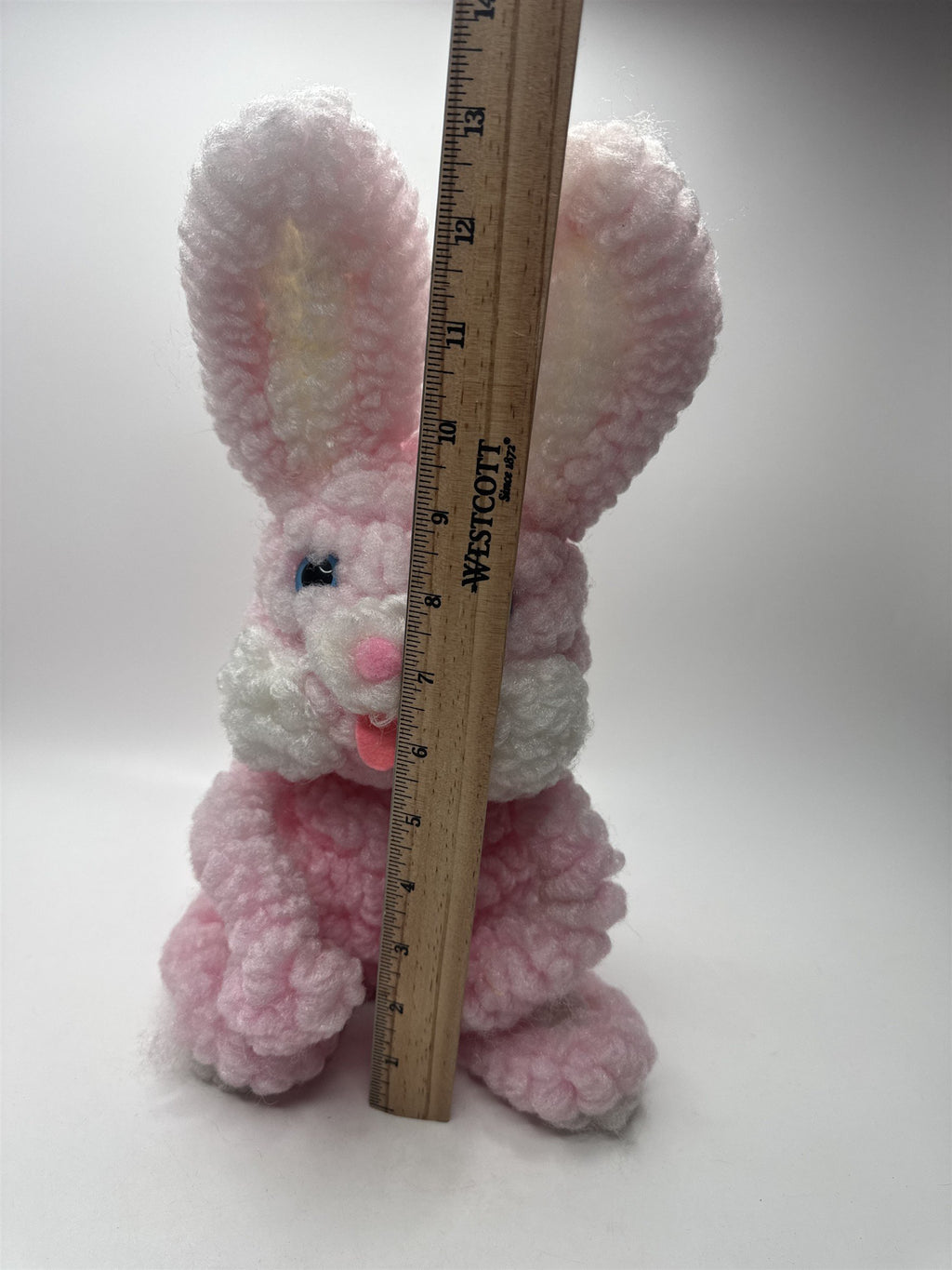 Vintage 13" Tall Hand Crocheted Pink Easter Bunny Blue Eyes Tongue Out
