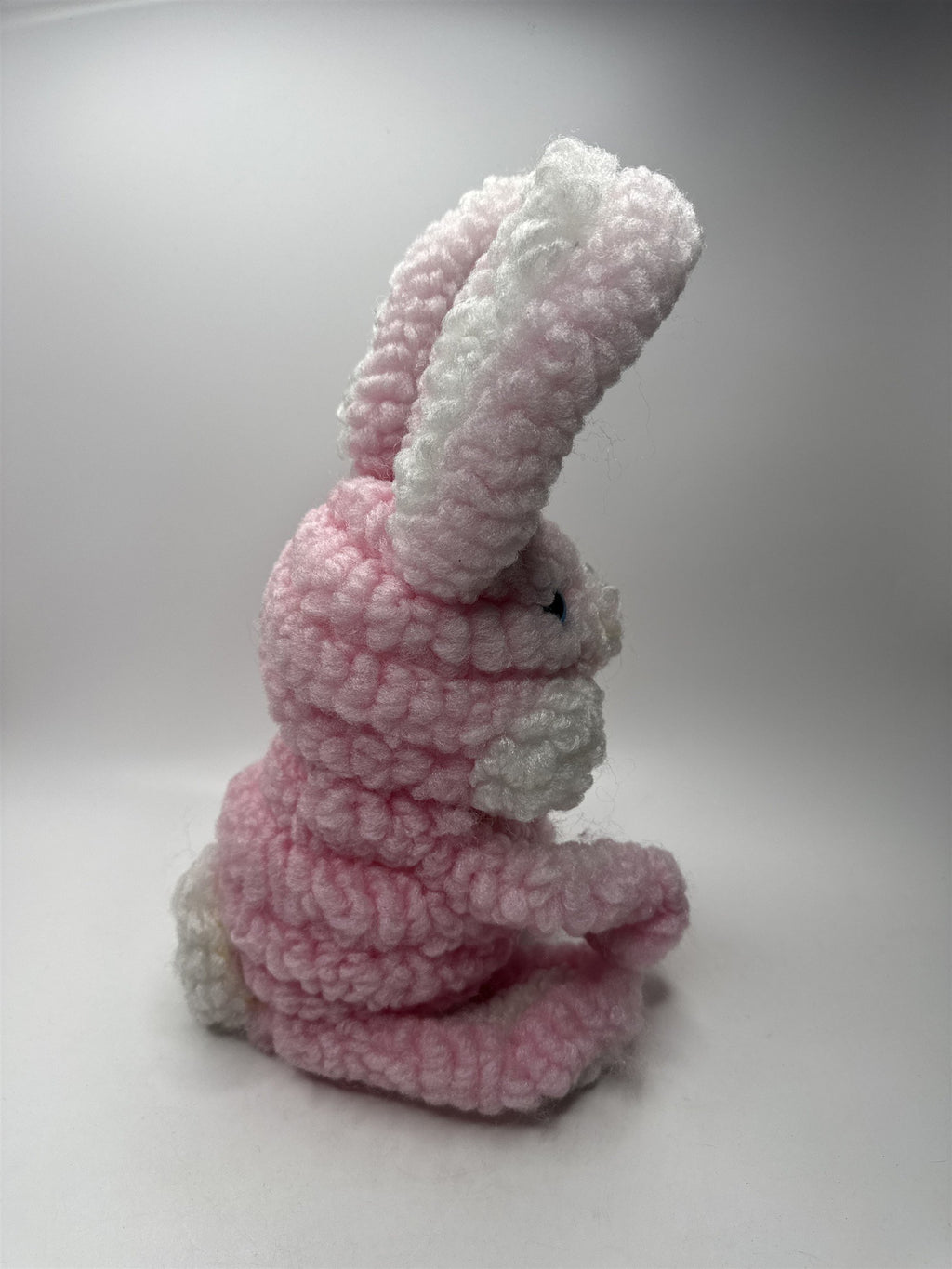 Vintage 13" Tall Hand Crocheted Pink Easter Bunny Blue Eyes Tongue Out