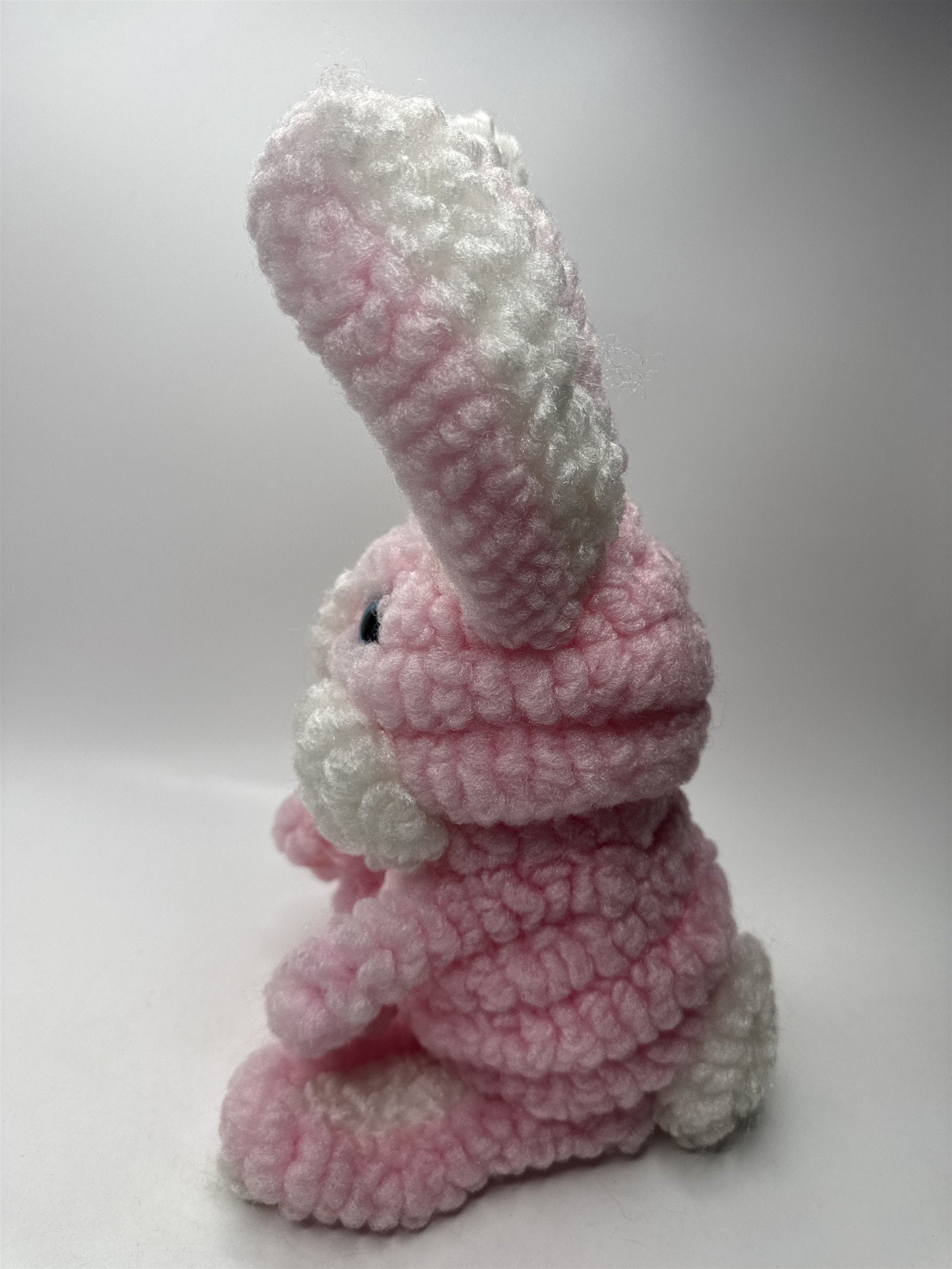 Vintage 13" Tall Hand Crocheted Pink Easter Bunny Blue Eyes Tongue Out
