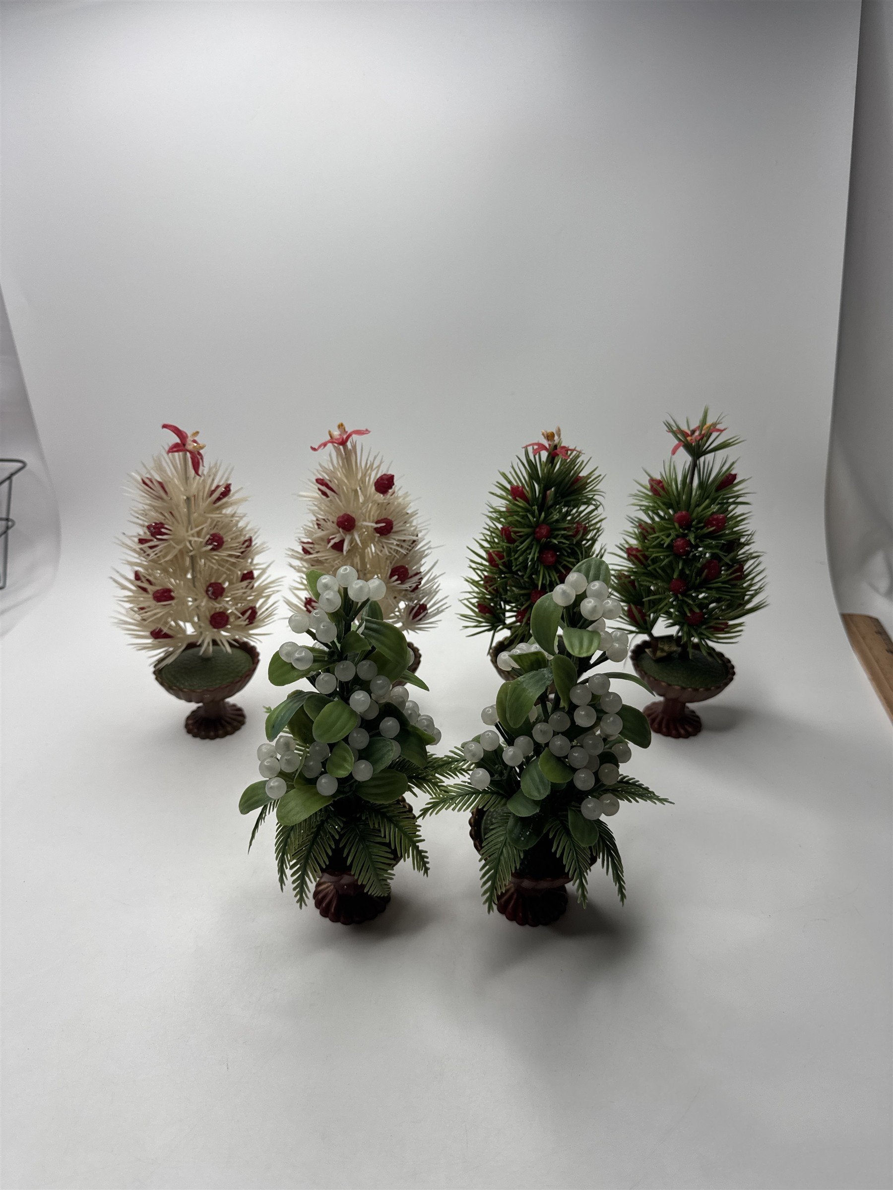 Vintage MCM Hong Kong Christmas Plastic Village Decor Holiday Trees Set of 6