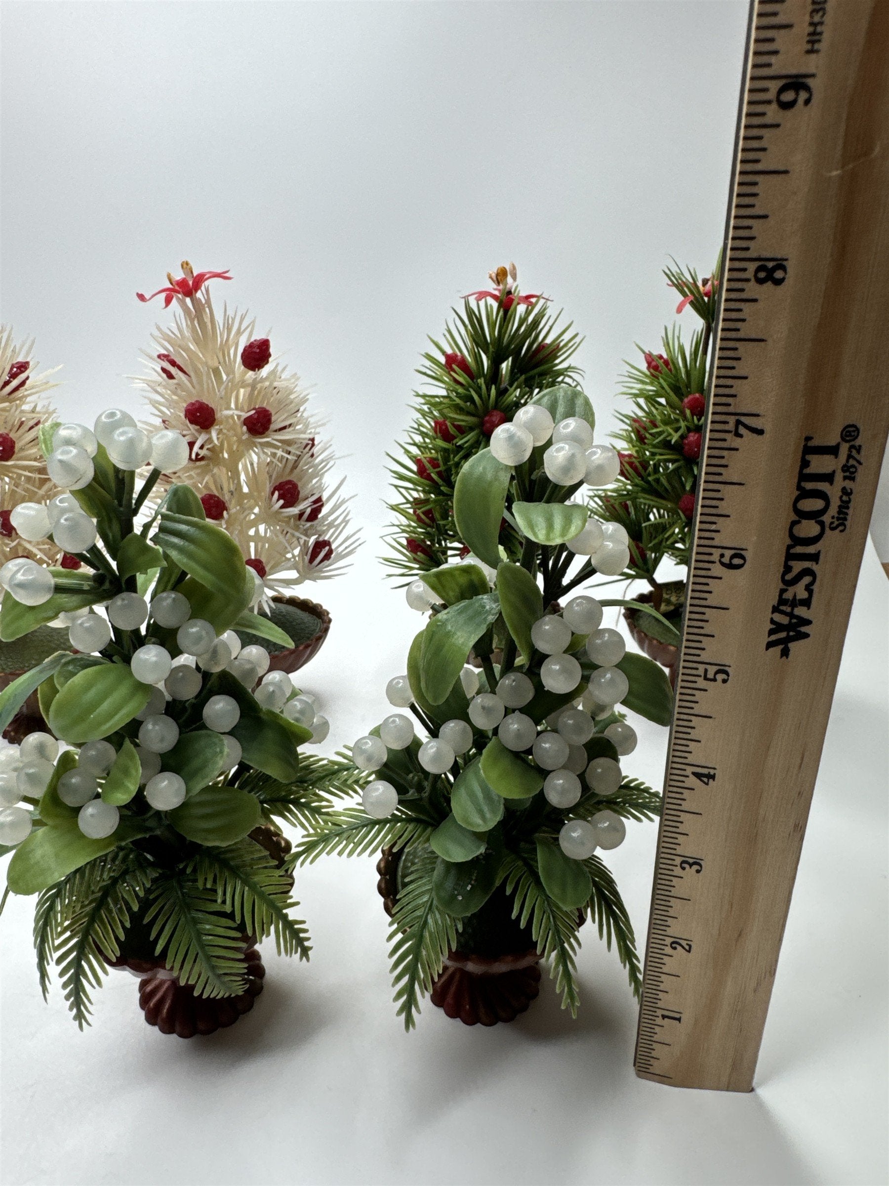Vintage MCM Hong Kong Christmas Plastic Village Decor Holiday Trees Set of 6