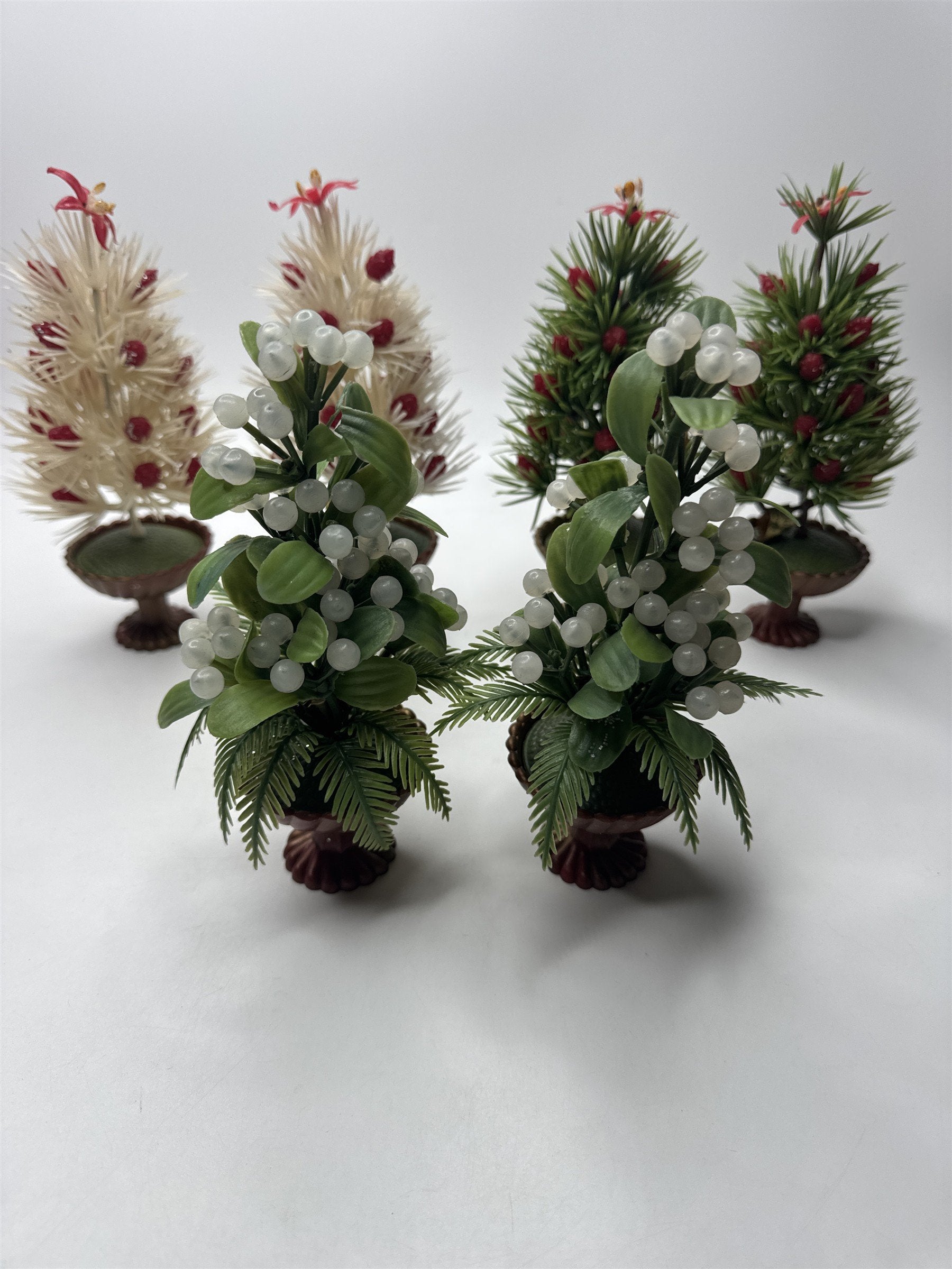 Vintage MCM Hong Kong Christmas Plastic Village Decor Holiday Trees Set of 6