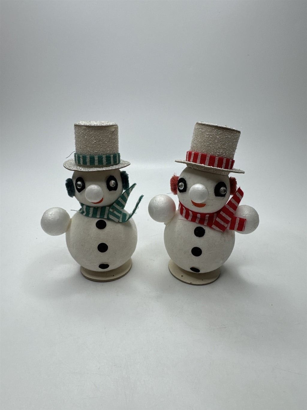 Set of 2 Snowman Ornaments Mica Top Hat Japan Vintage (One Missing Arm)