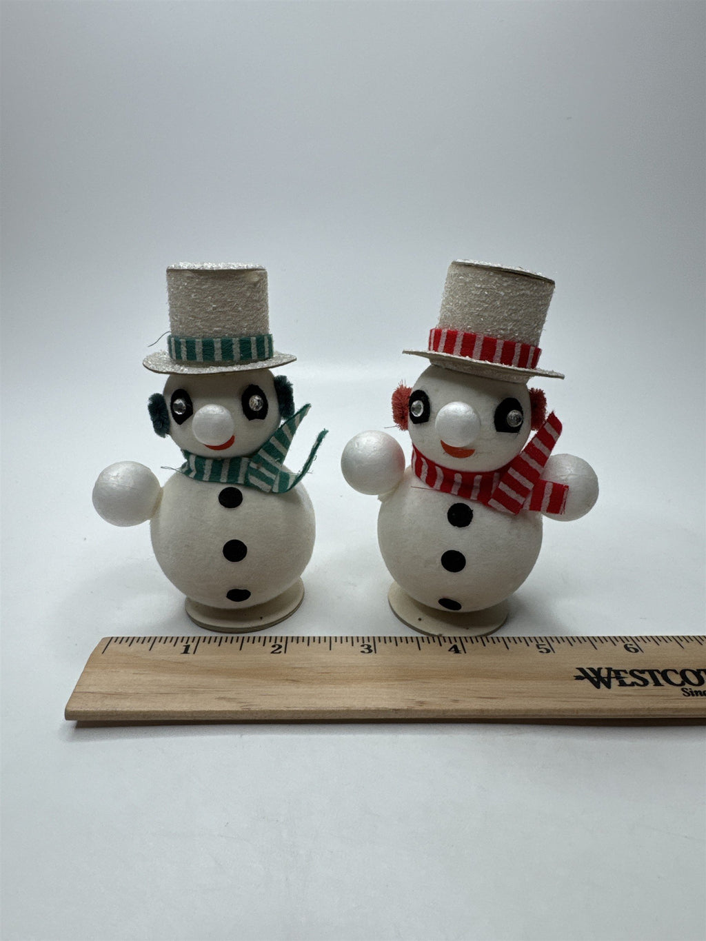 Set of 2 Snowman Ornaments Mica Top Hat Japan Vintage (One Missing Arm)