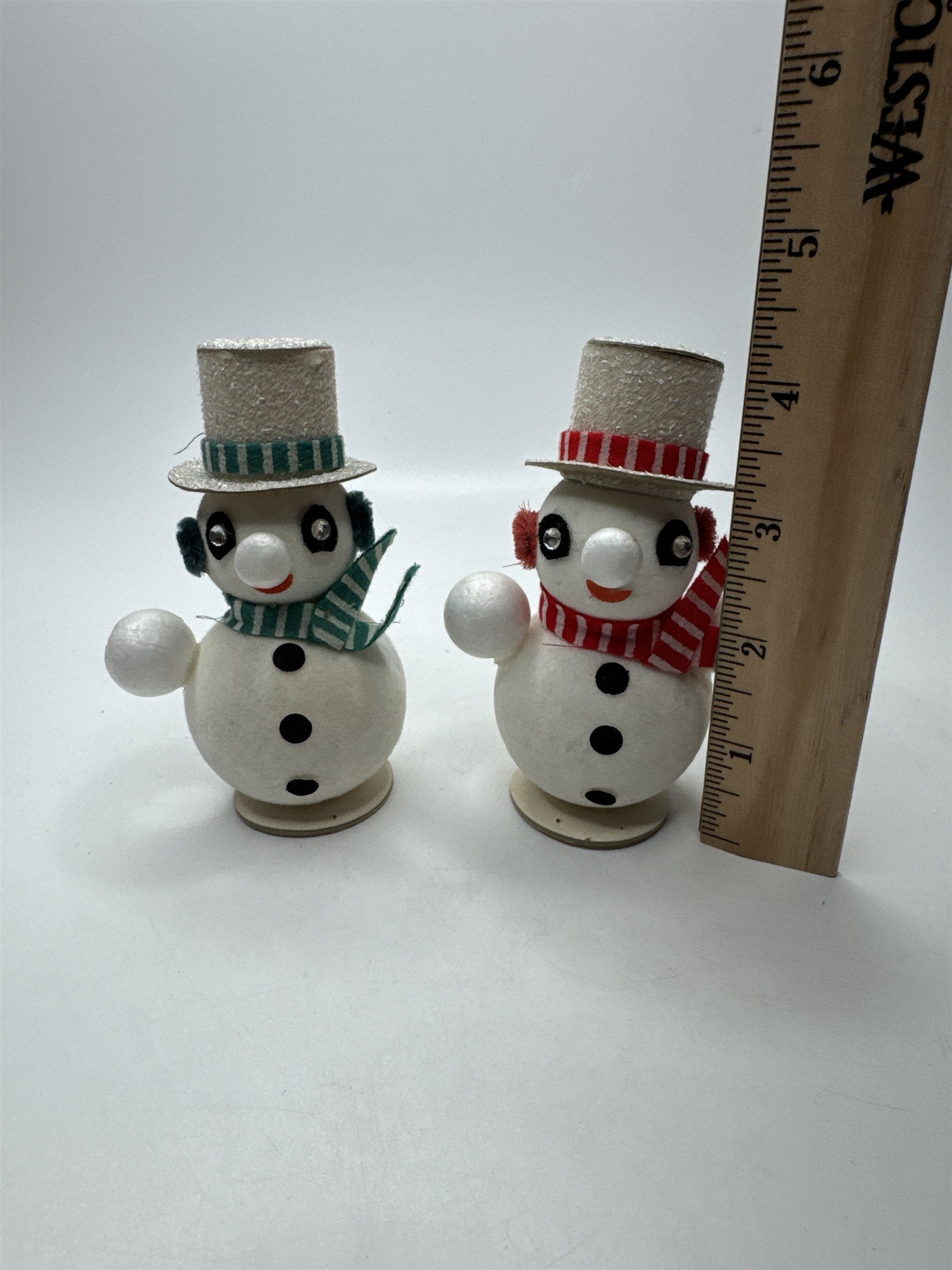 Set of 2 Snowman Ornaments Mica Top Hat Japan Vintage (One Missing Arm)