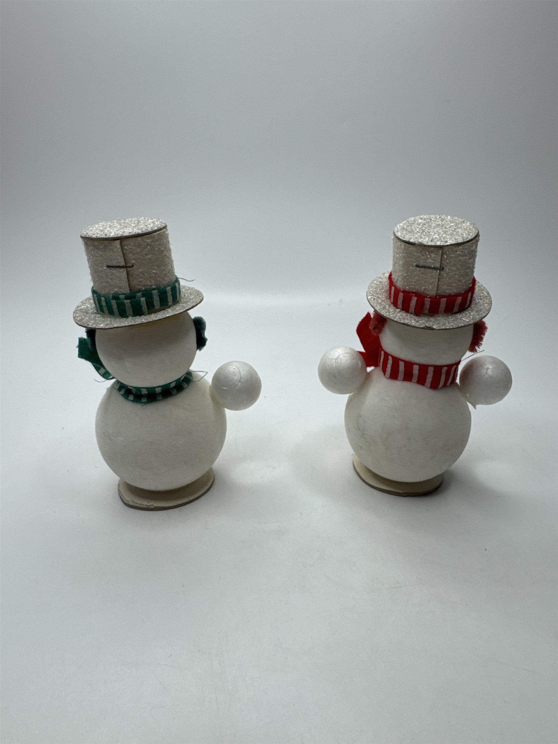 Set of 2 Snowman Ornaments Mica Top Hat Japan Vintage (One Missing Arm)