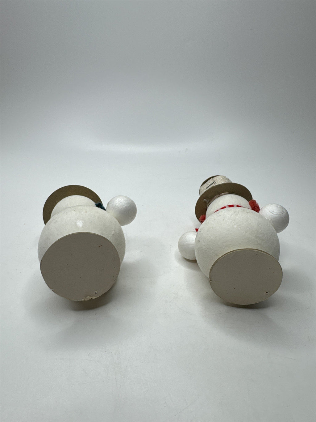 Set of 2 Snowman Ornaments Mica Top Hat Japan Vintage (One Missing Arm)