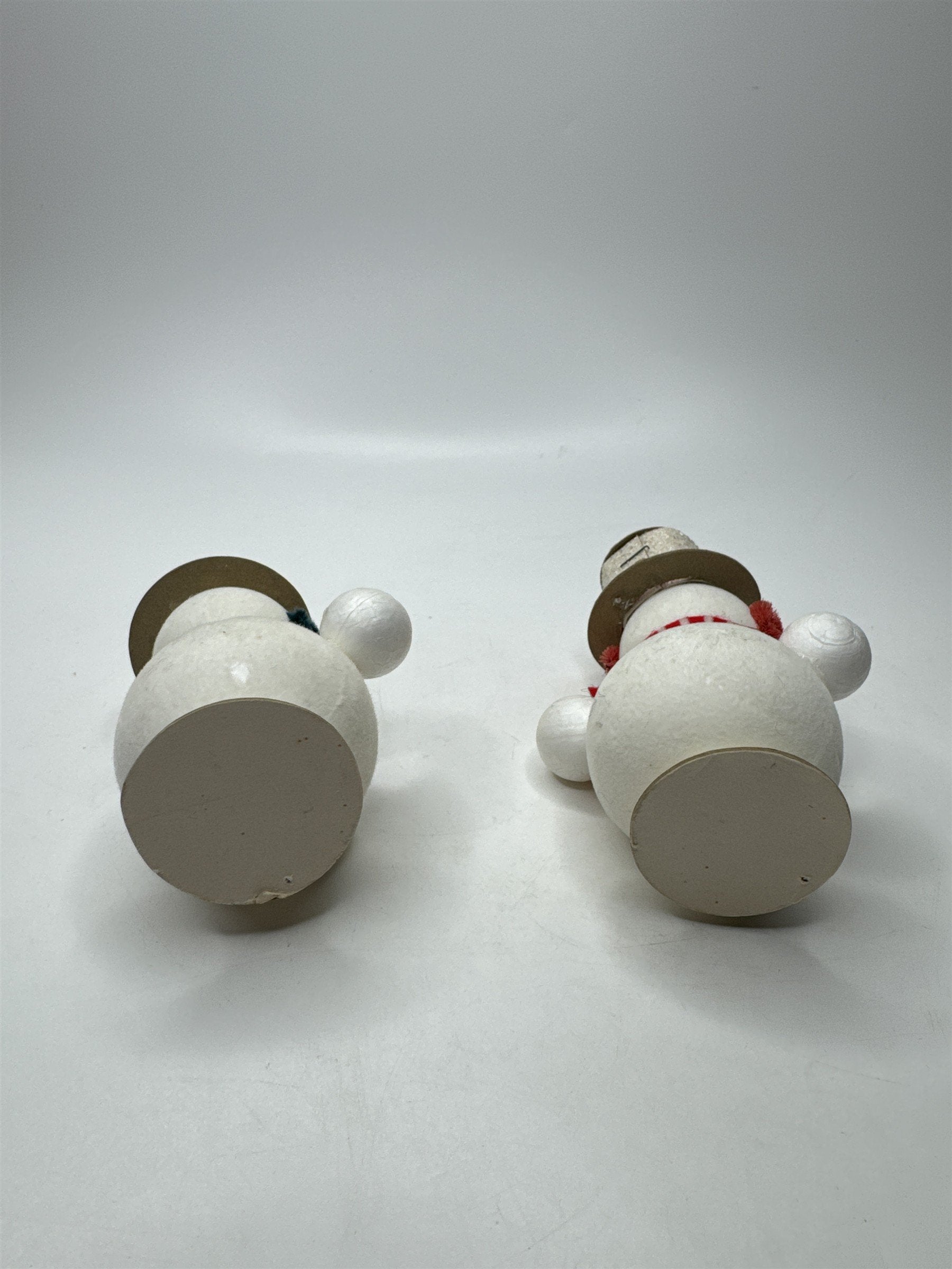 Set of 2 Snowman Ornaments Mica Top Hat Japan Vintage (One Missing Arm)
