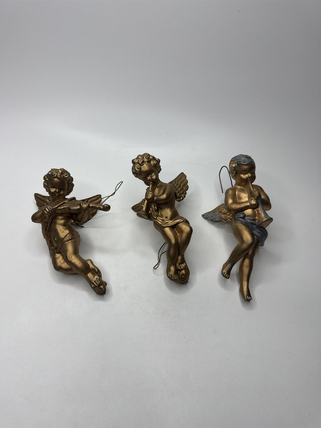 Set of 3 Gold Tone Angel Cherub Ornaments Musical Violin Trumpet Hong Kong