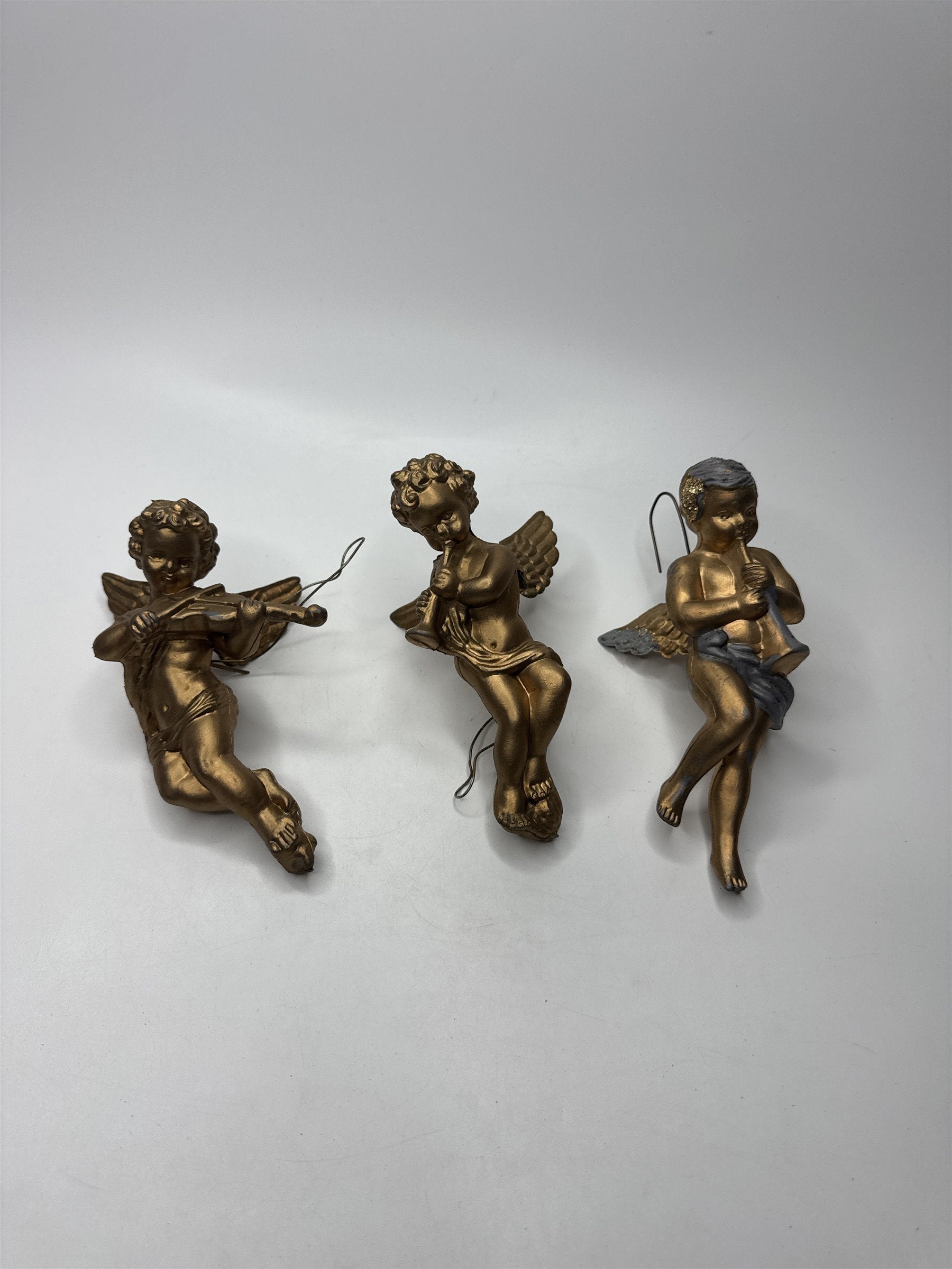 Set of 3 Gold Tone Angel Cherub Ornaments Musical Violin Trumpet Hong Kong
