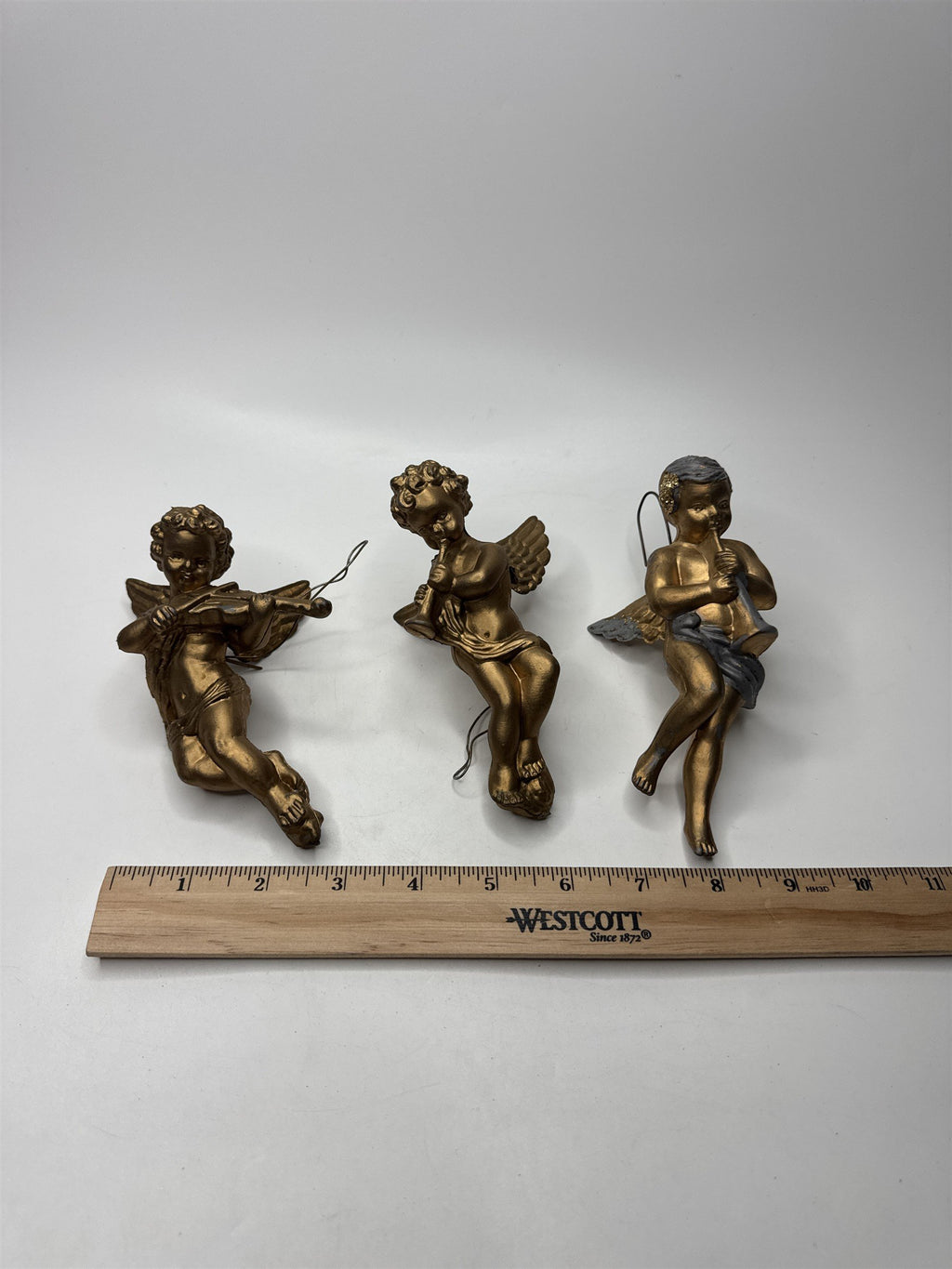 Set of 3 Gold Tone Angel Cherub Ornaments Musical Violin Trumpet Hong Kong