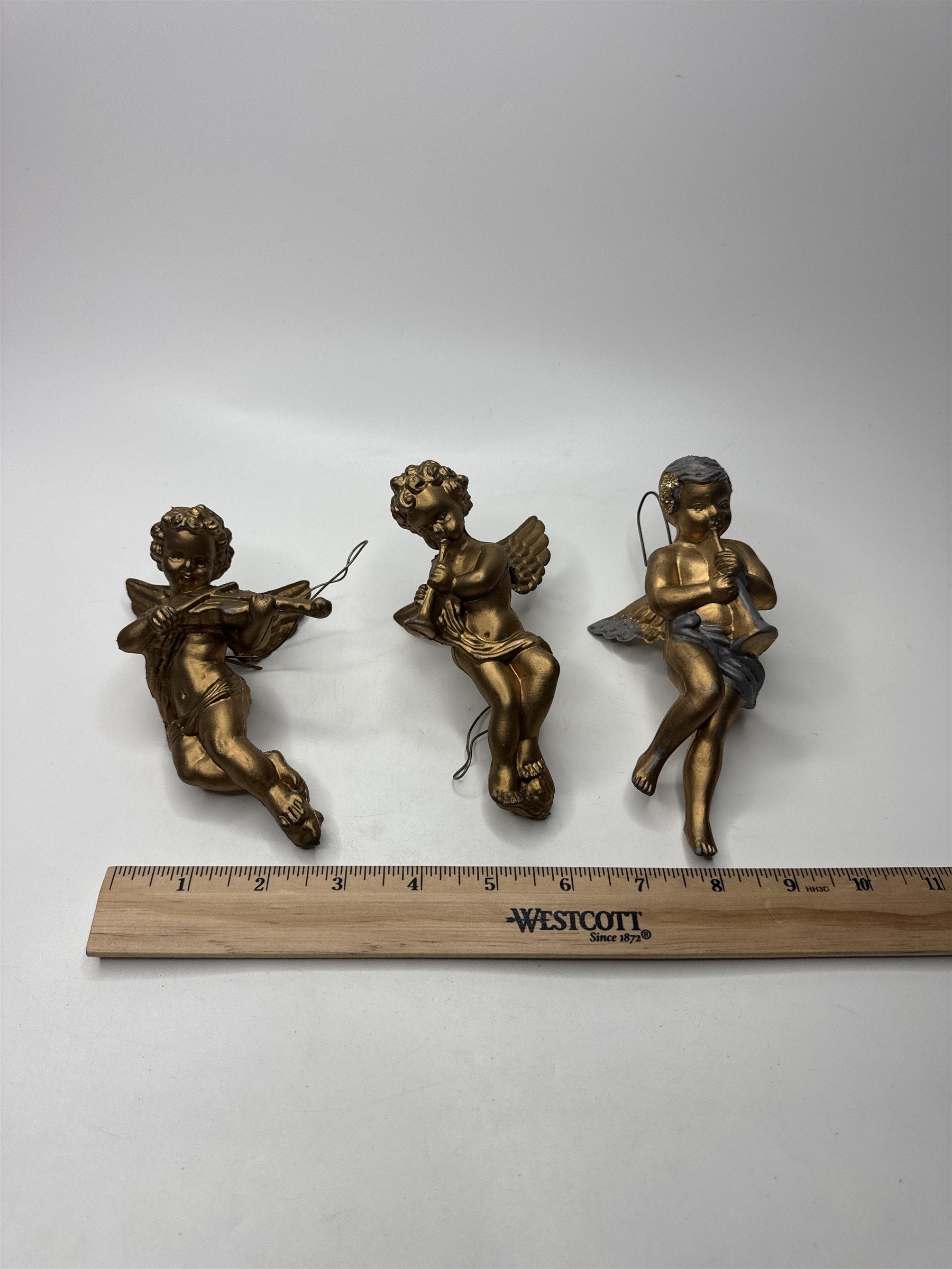 Set of 3 Gold Tone Angel Cherub Ornaments Musical Violin Trumpet Hong Kong