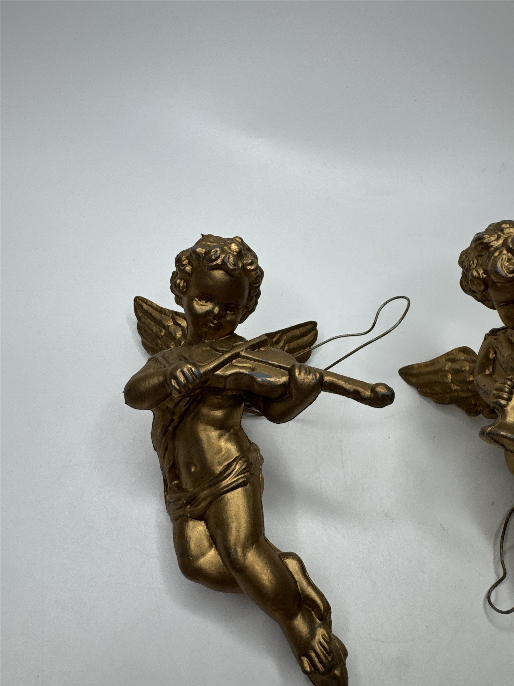 Set of 3 Gold Tone Angel Cherub Ornaments Musical Violin Trumpet Hong Kong