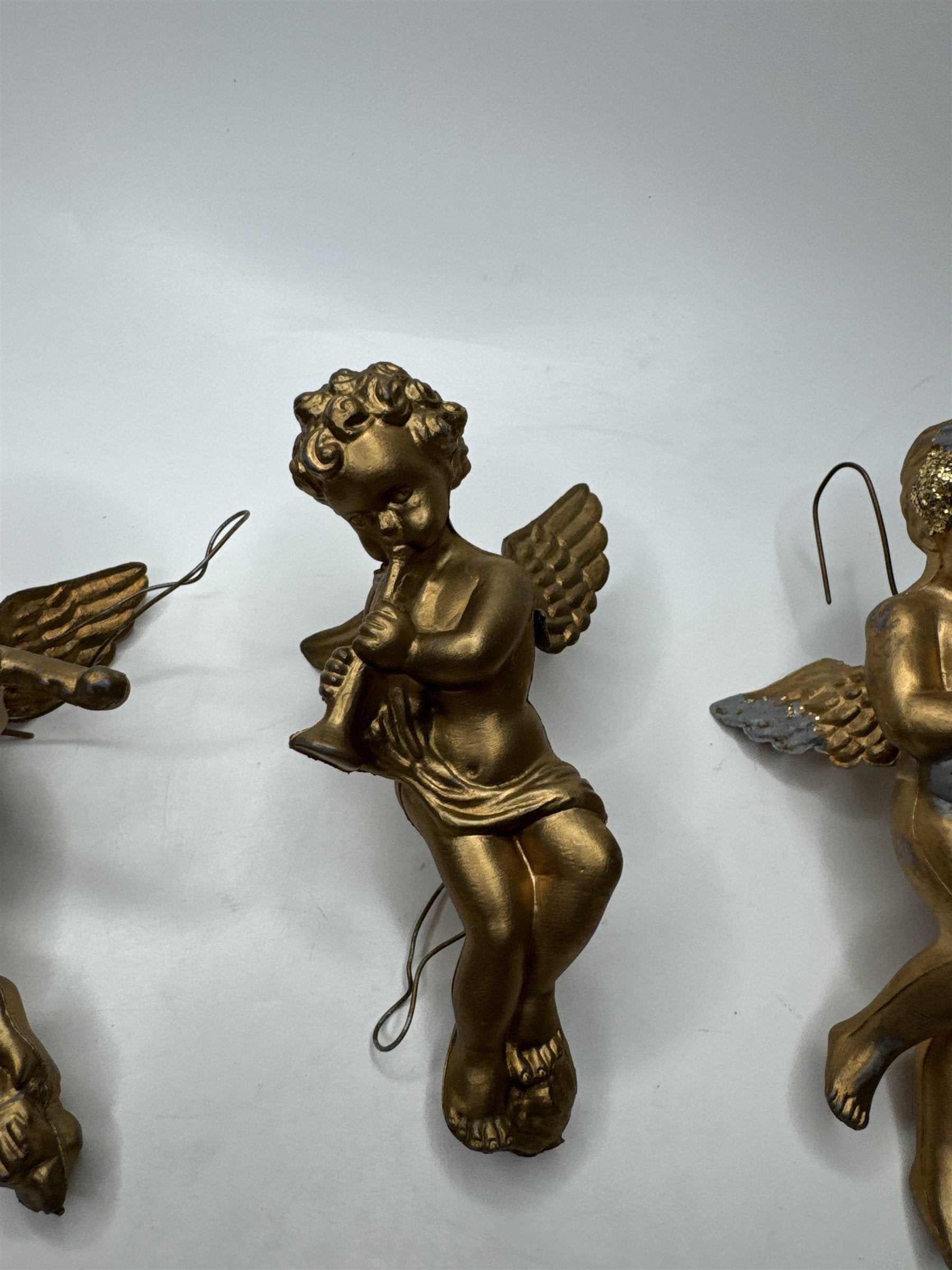 Set of 3 Gold Tone Angel Cherub Ornaments Musical Violin Trumpet Hong Kong