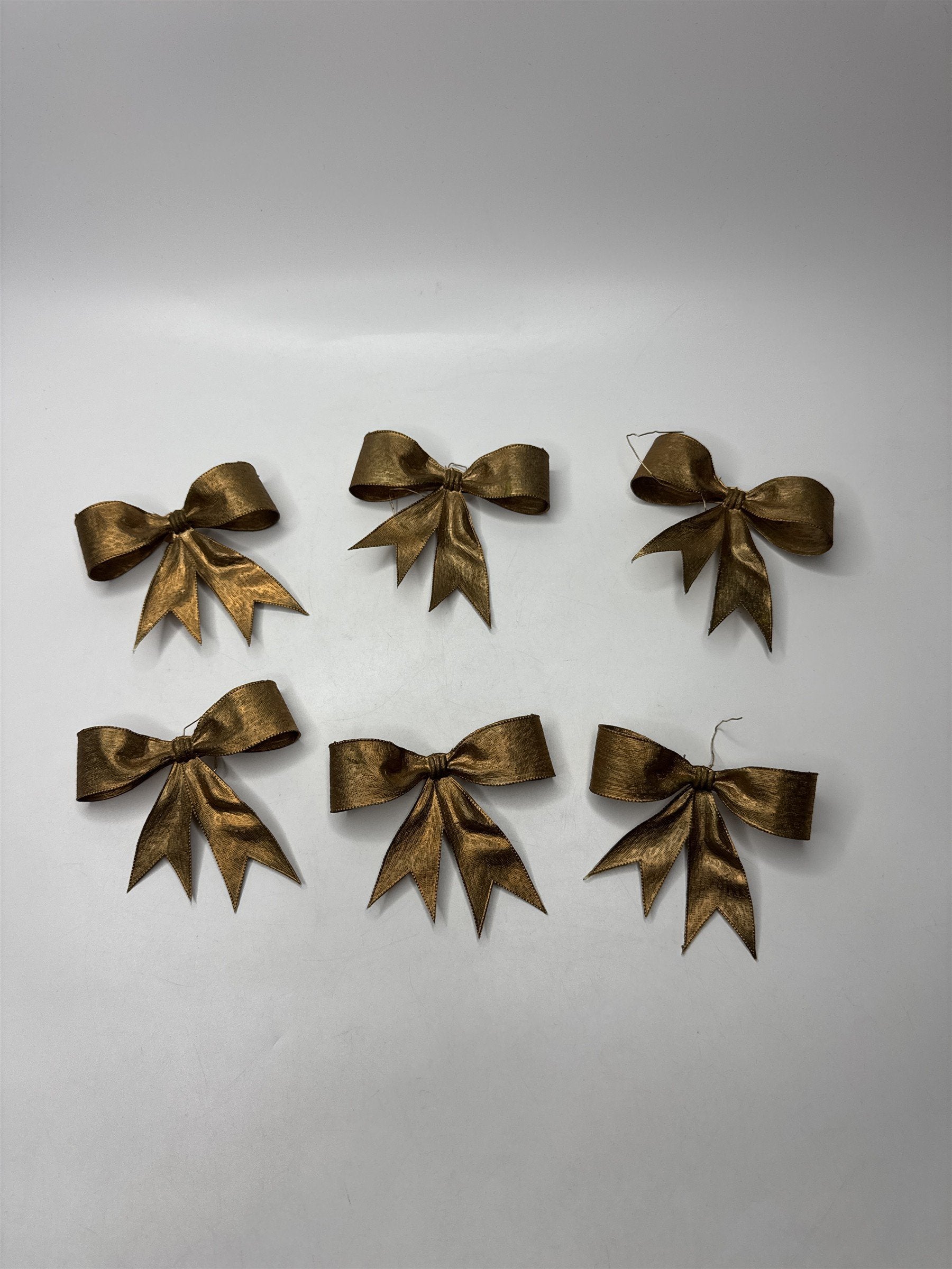 Lot of 6 Vintage Gold Tone Ribbon Christmas Ornaments Hong Kong Collectible