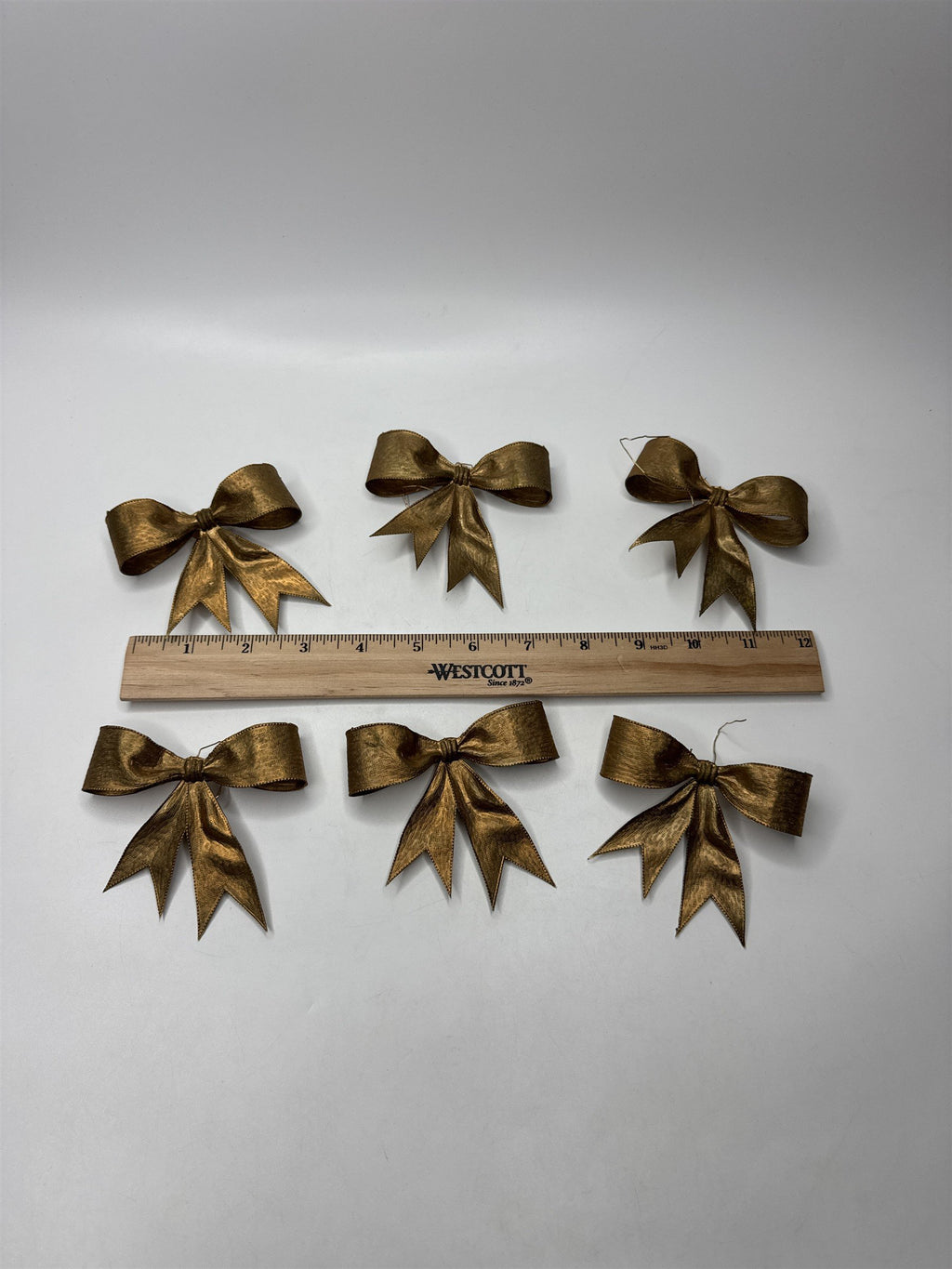 Lot of 6 Vintage Gold Tone Ribbon Christmas Ornaments Hong Kong Collectible
